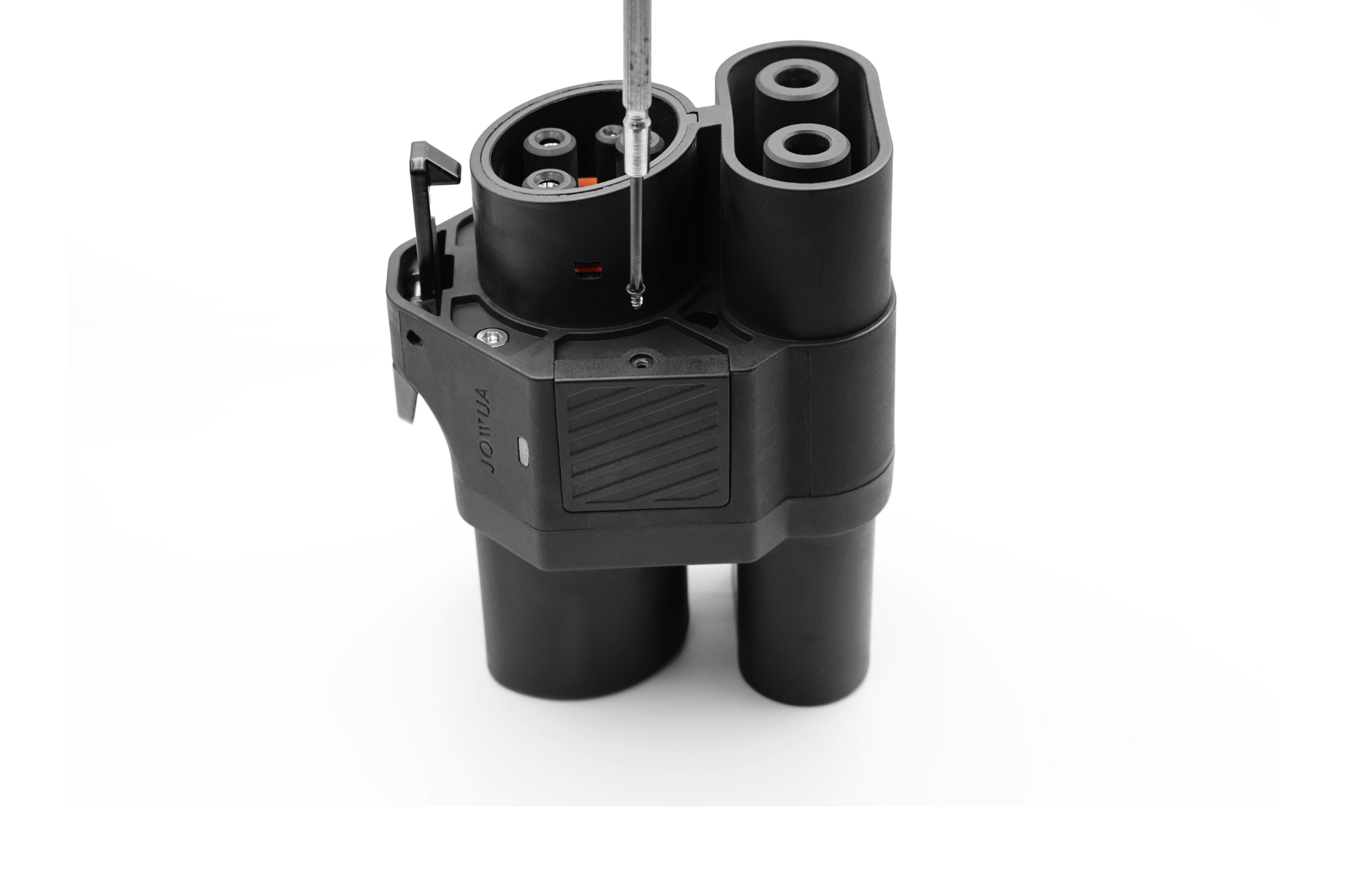 A close-up of a JOWUA CCS2 to CCS1 DC & AC Combined Adapter in black, with a screwdriver inserted into one screw head, set against a white background.