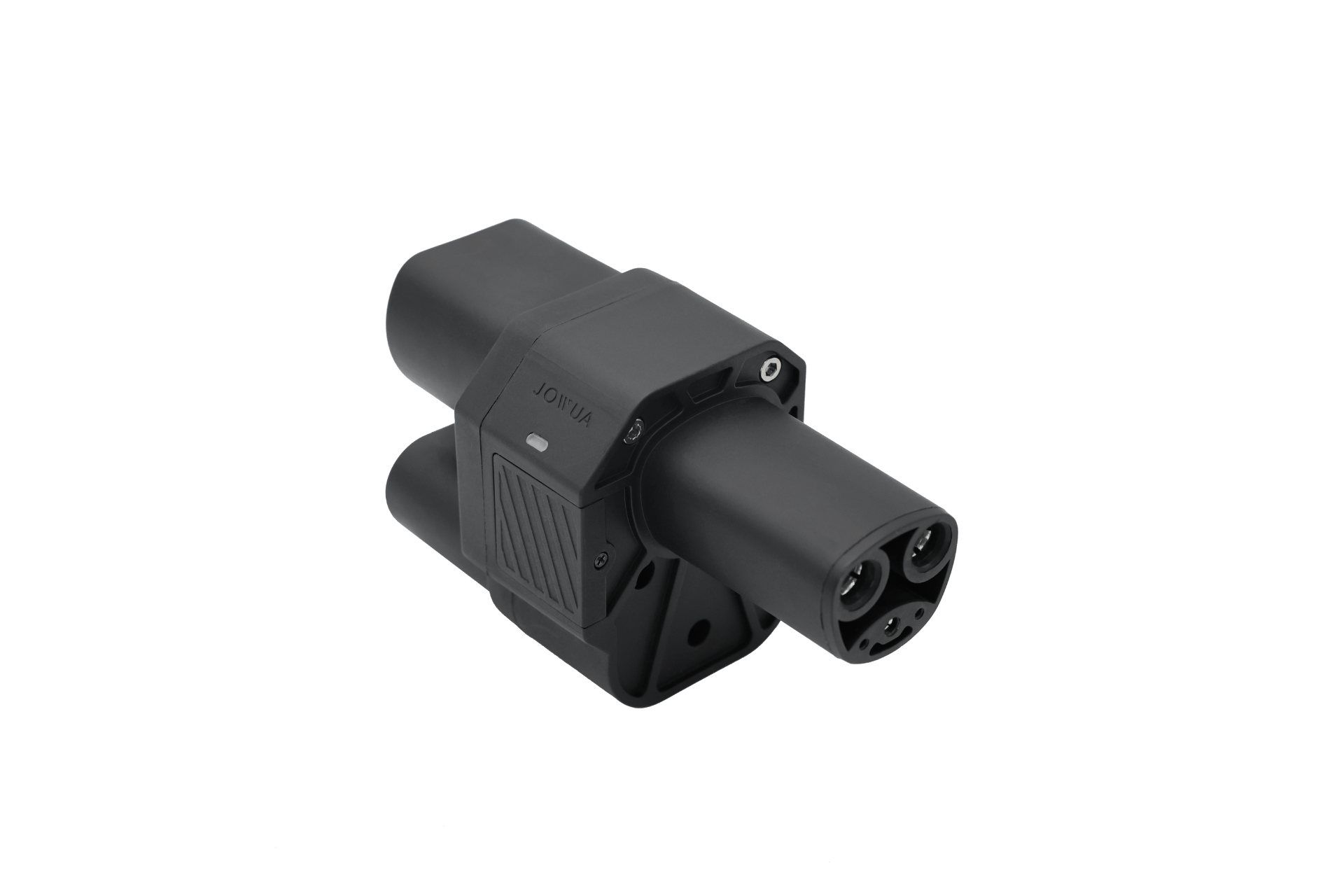 A black JOWUA CCS2 to NACS DC charging adapter with a rectangular body, two cylindrical prongs, ridged grip areas, and "JOWUA" branding, designed for DC fast charging, isolated on a white background.