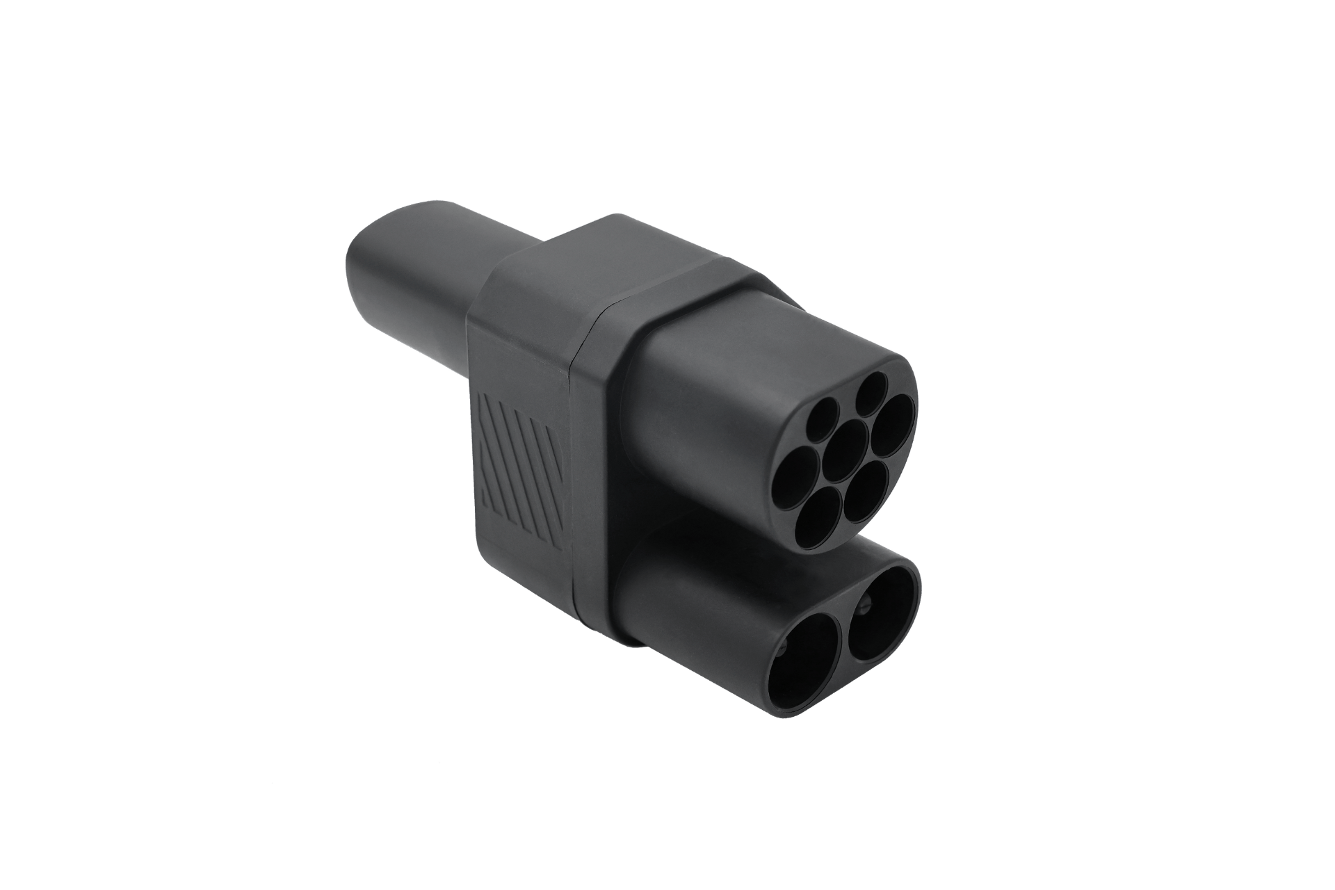 A JOWUA CCS2 to NACS DC Charging Adapter, black with seven circular pin holes, is shown at an angle on a plain white background.