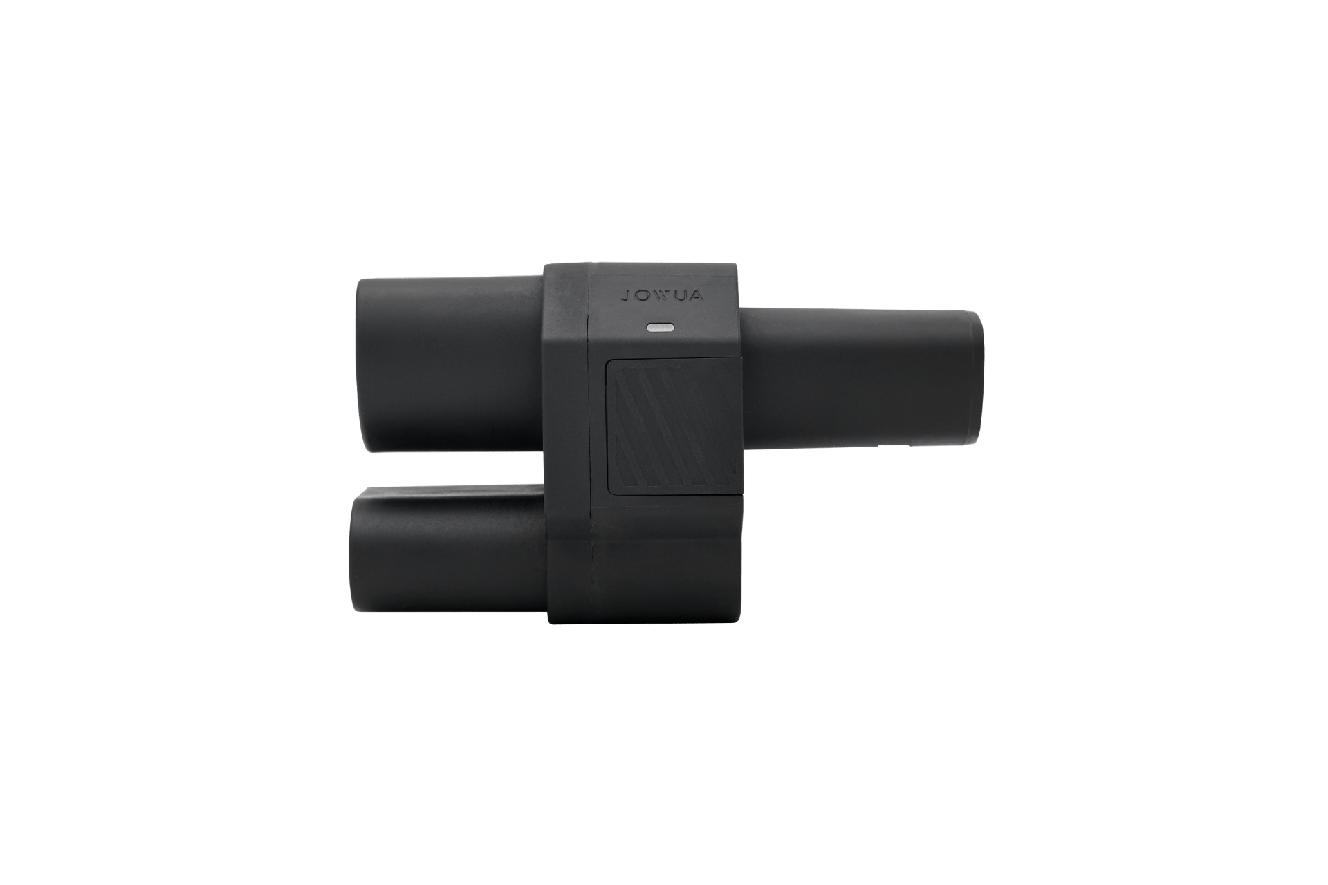 A black, cylindrical JOWUA CCS2 to NACS DC Charging Adapter with two horizontal and one vertical pipe, featuring a rectangular center section with the brand name, reminiscent of a sleek Tesla CCS adapter, isolated on white.