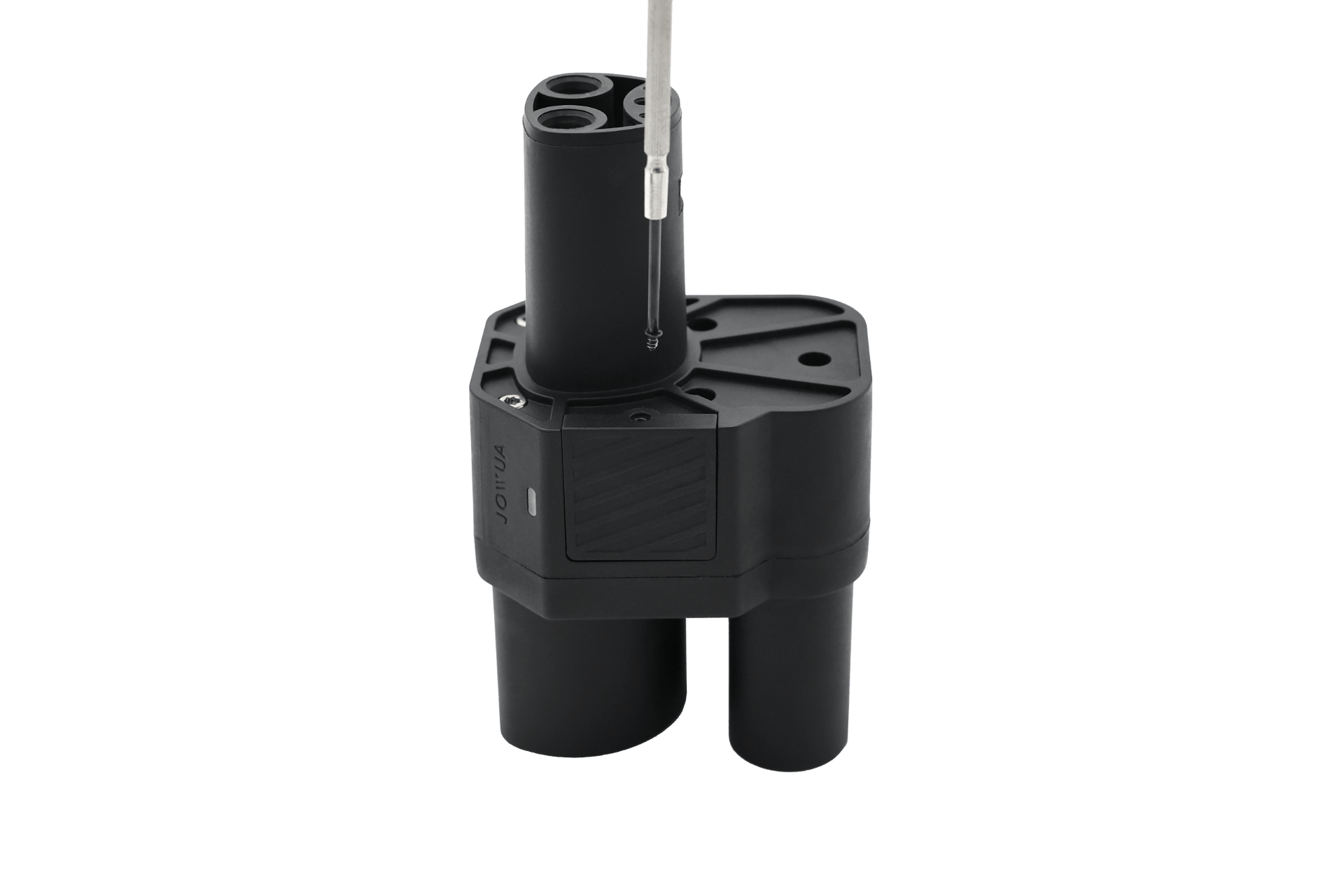 A black JOWUA CCS2 to NACS DC Charging Adapter with three cylindrical ports, a rectangular section, grooves, and a button is shown on a white background. A thin metallic tool is inserted into one of the DC fast charging ports.