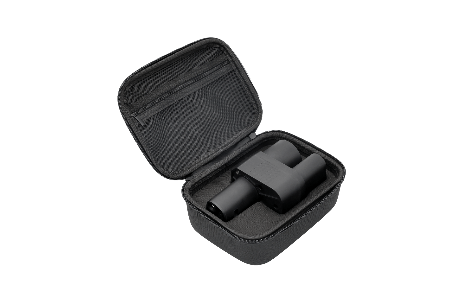 The JOWUA CCS2 to NACS DC Charging Adapter, featuring two cylindrical connectors, comes in a compact black zippered case with a mesh pocket and foam insert.