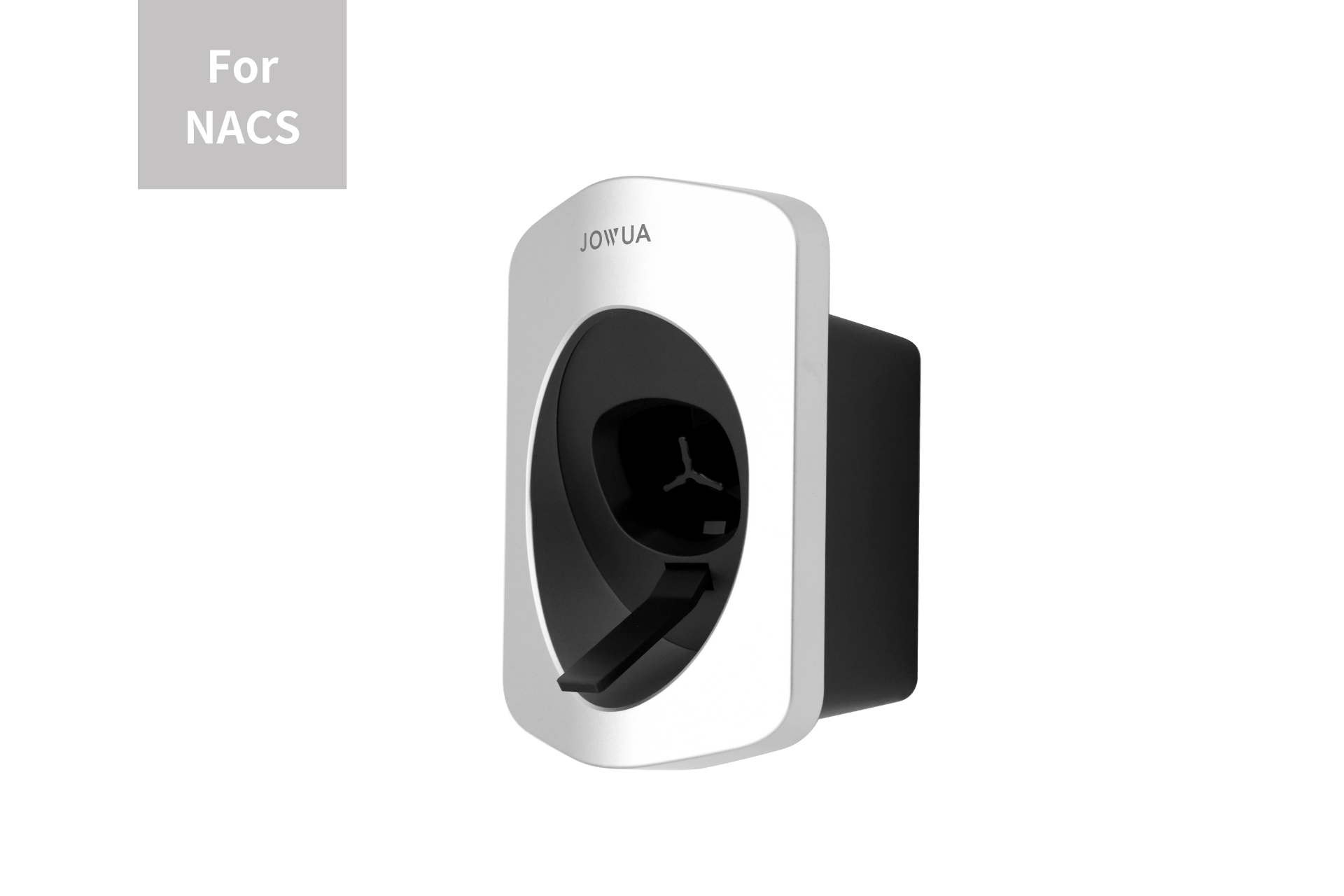 The JOWUA Charging Cable Holder (NACS) with NEMA 14-50 Power Outlet Box is a modern black and white wall-mounted organizer, featuring a rounded design and central slot for neatly storing your Tesla charging connector.