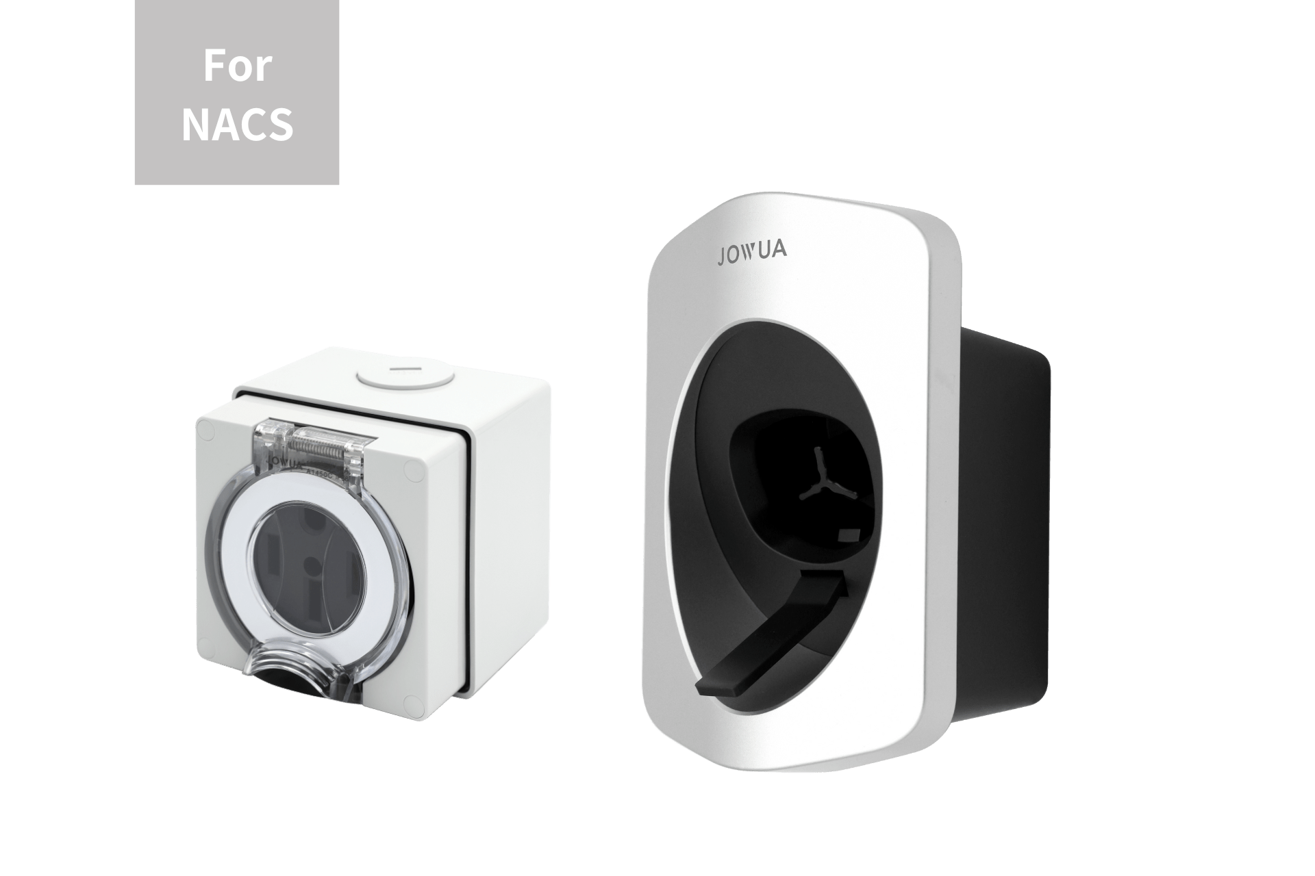 Two charging cable holders are displayed on a plain background. The right one, the JOWUA Charging Cable Holder (NACS) + NEMA 14-50 Power Outlet Box, features a sleek silver front and black interior—ideal for organizing your Tesla NACS charger.