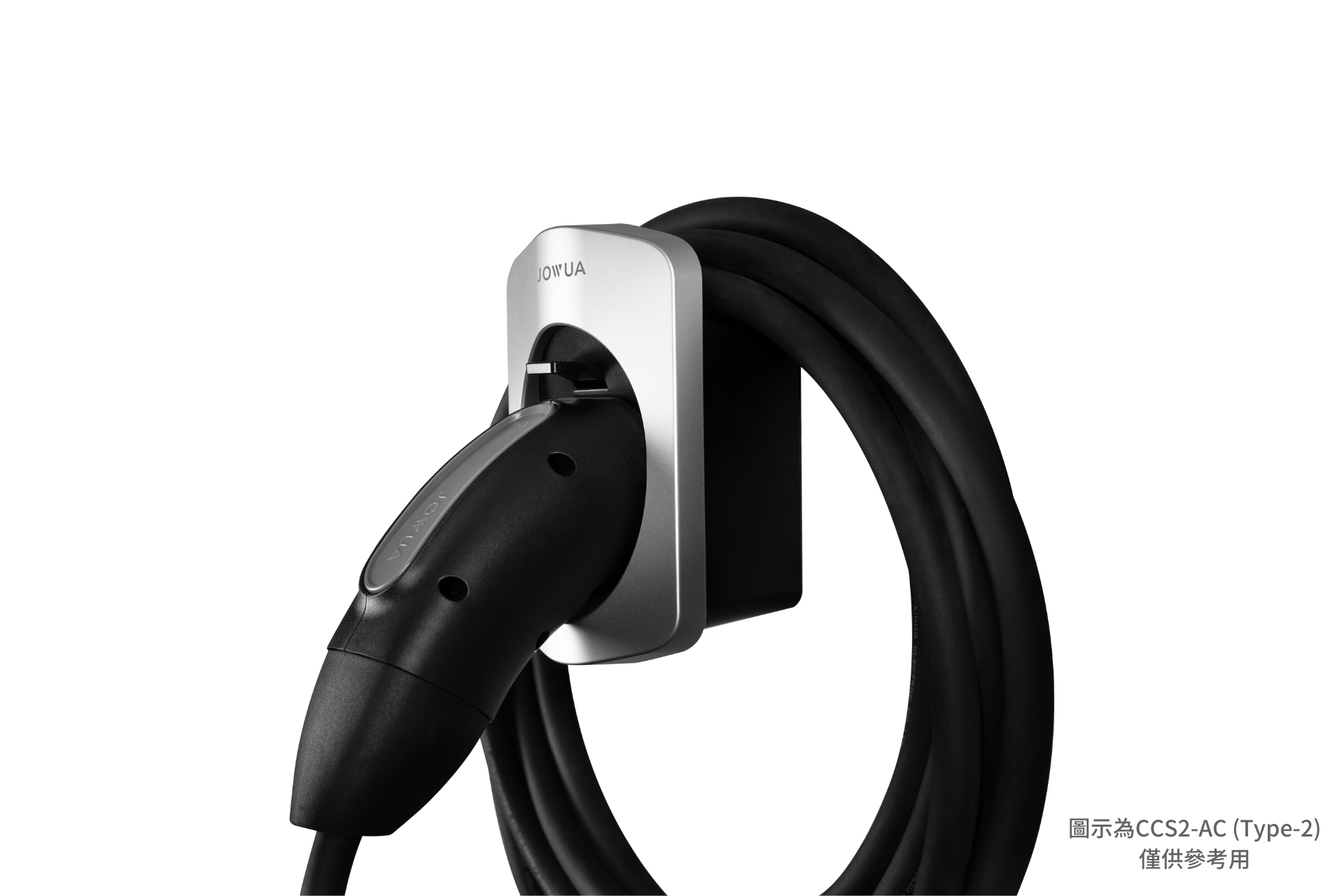 A JOWUA Charging Cable Holder (CCS2-AC Type-2) is wall-mounted with the cable coiled around it on a black background. Technical details in Chinese appear subtly in the lower right corner.