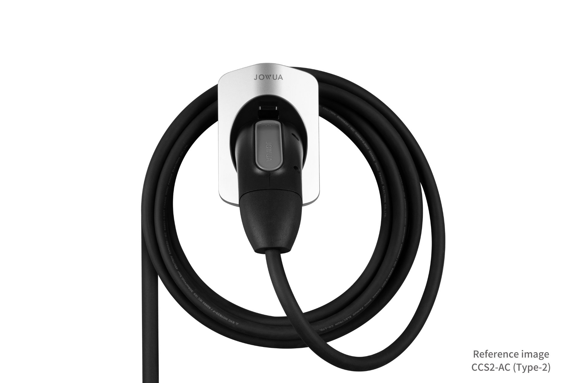 The JOWUA Charging Cable Holder (J1772) with NEMA 14-50 Power Outlet Box mounts on the wall, keeping your EV cable neatly coiled and the connector centered on a waterproof bracket for organized, easy-access charging.