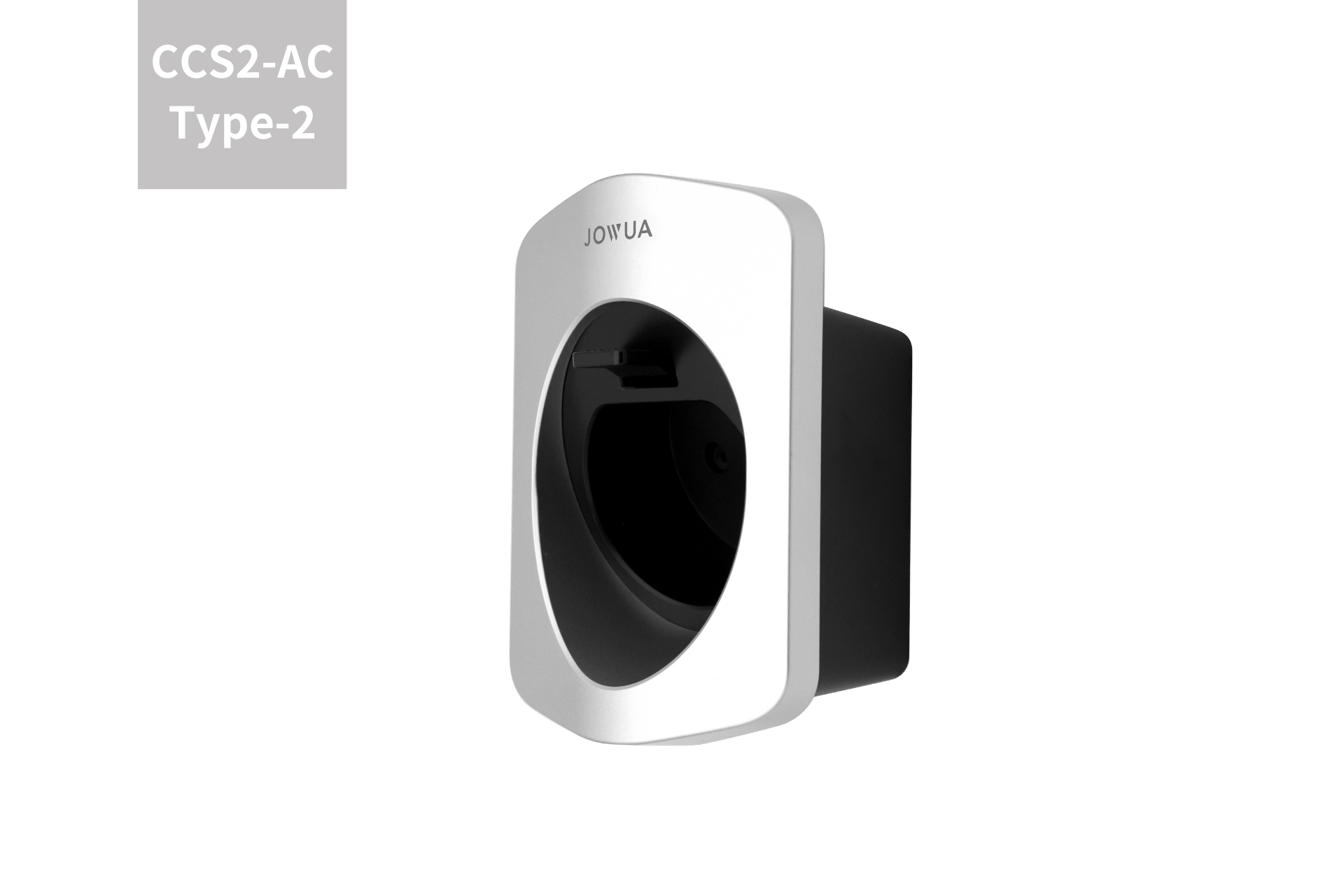 The JOWUA Charging Cable Holder (CCS2-AC Type-2) is a wall-mounted black and white EV socket with an integrated IP66 waterproof bracket, shown on a gray background for added durability.