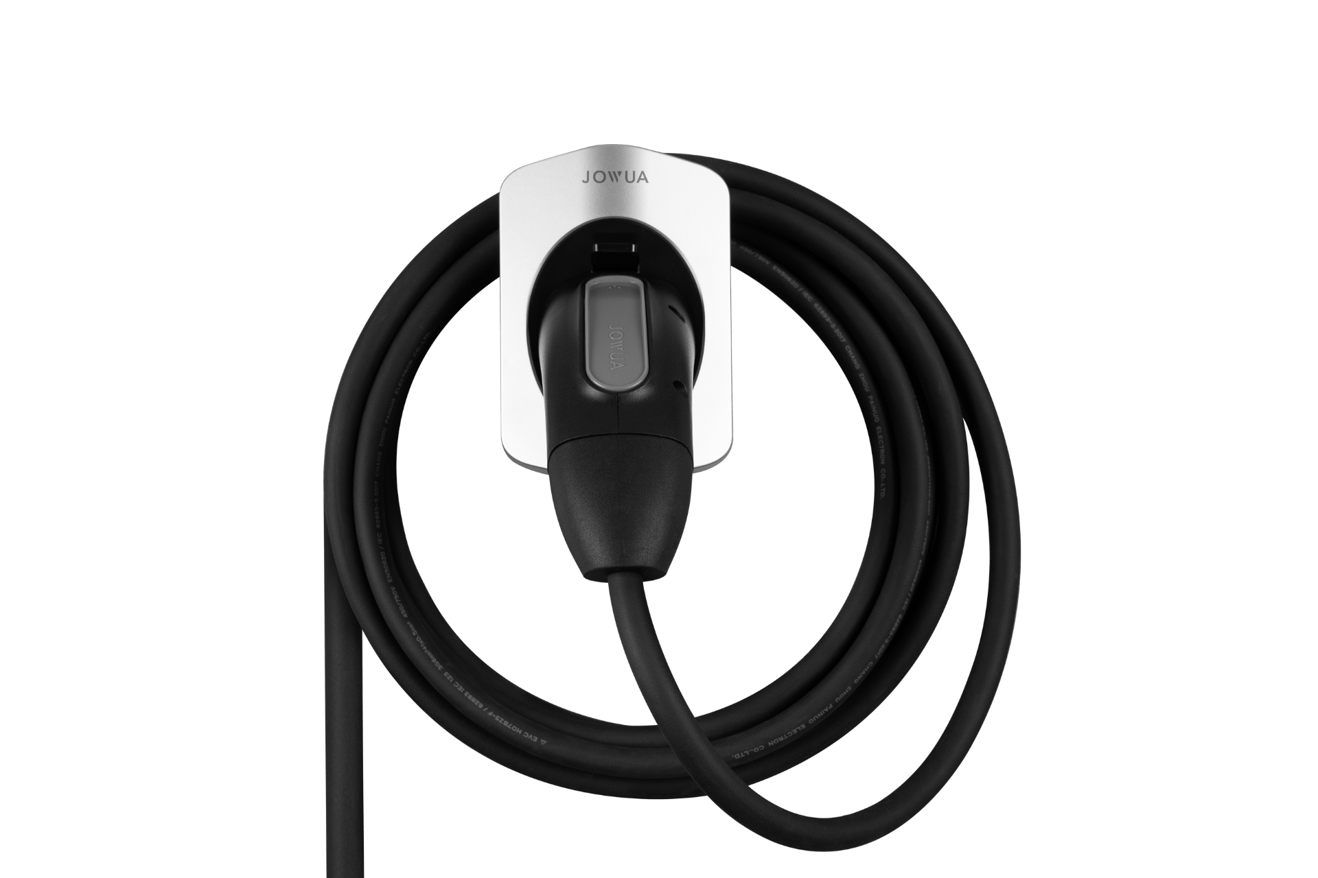 The JOWUA Charging Cable Holder (CCS2-AC Type-2) in black is coiled around a white, wall-mounted station featuring an IP66 waterproof charging bracket for safe outdoor use.