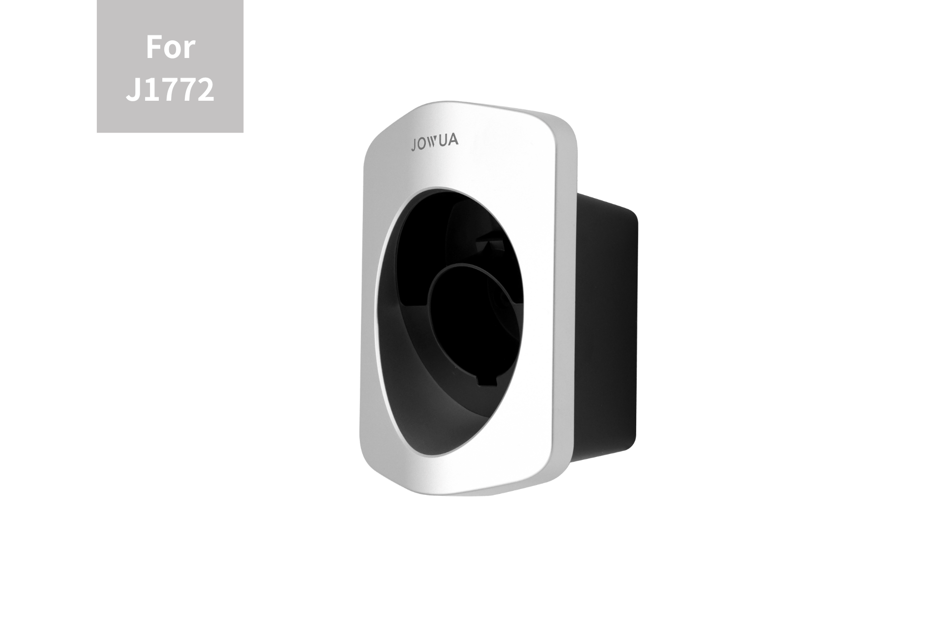 Angled view of JOWUA Charging Cable Holder (J1772) with NEMA 14-50 Power Outlet Box, wall-mounted in black and white, designed as an EV portable charger organizer and labeled for compatibility.