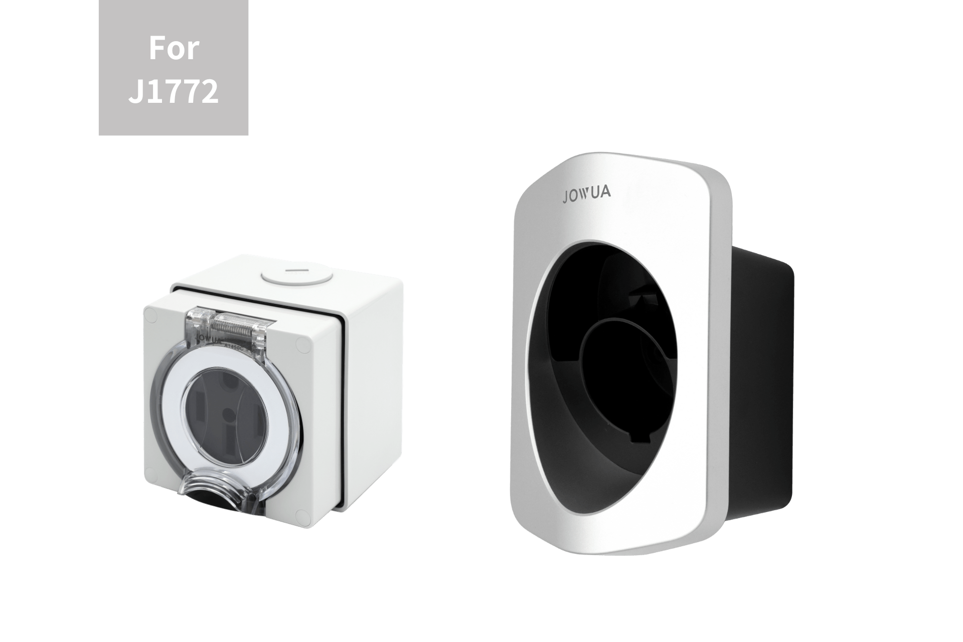 JOWUA offers two wall-mounted J1772 EV charging accessories: a waterproof white Charging Cable Holder with NEMA 14-50 Power Outlet Box, and a sleek black and silver JOWUA J1772 charger holder, both shown on a plain background.