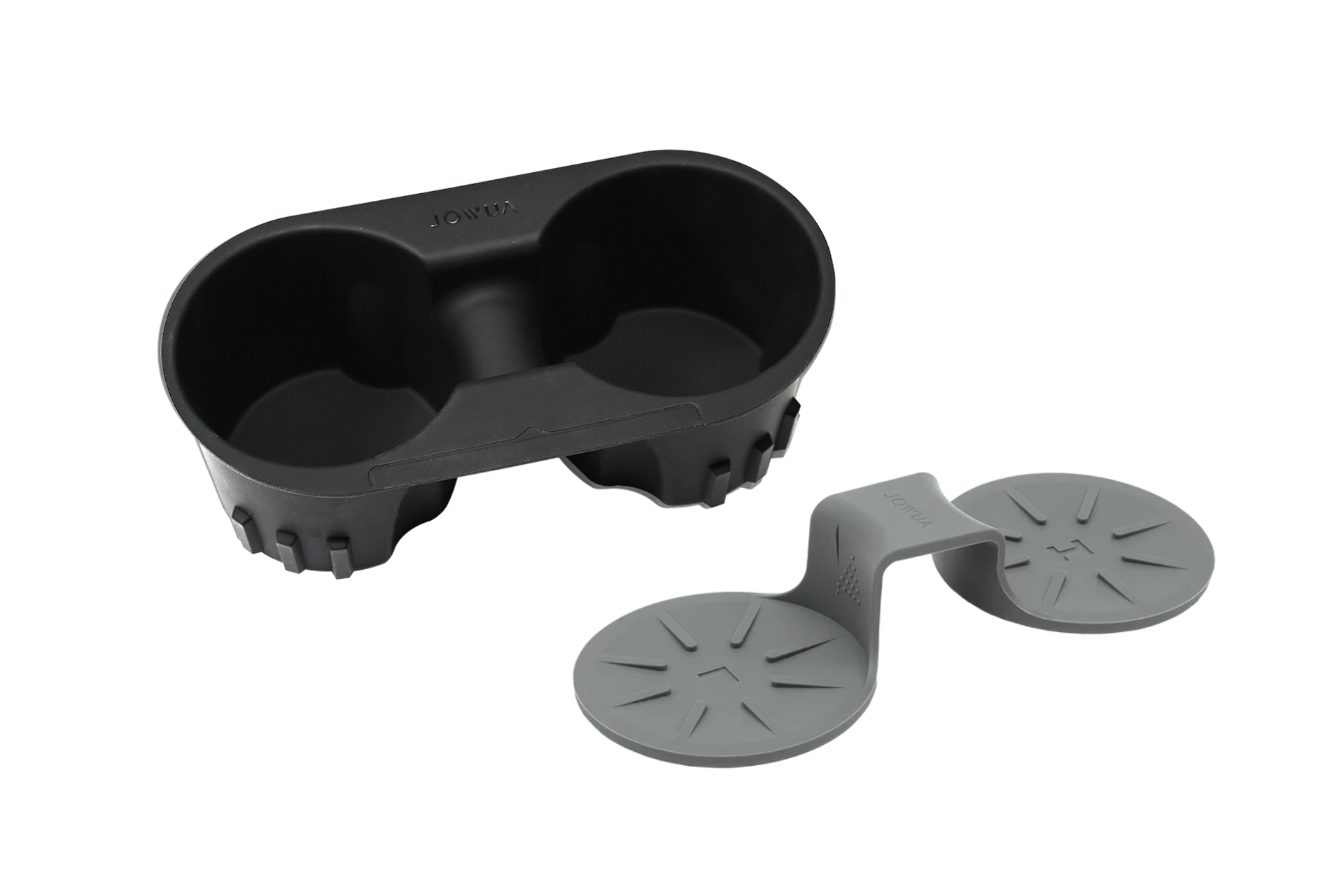 A JOWUA Cup Holder Set for Tesla Model 3/Y in black rests on a white background. The set includes a gray silicone insert, designed as a center console organizer with two connected circular sections.