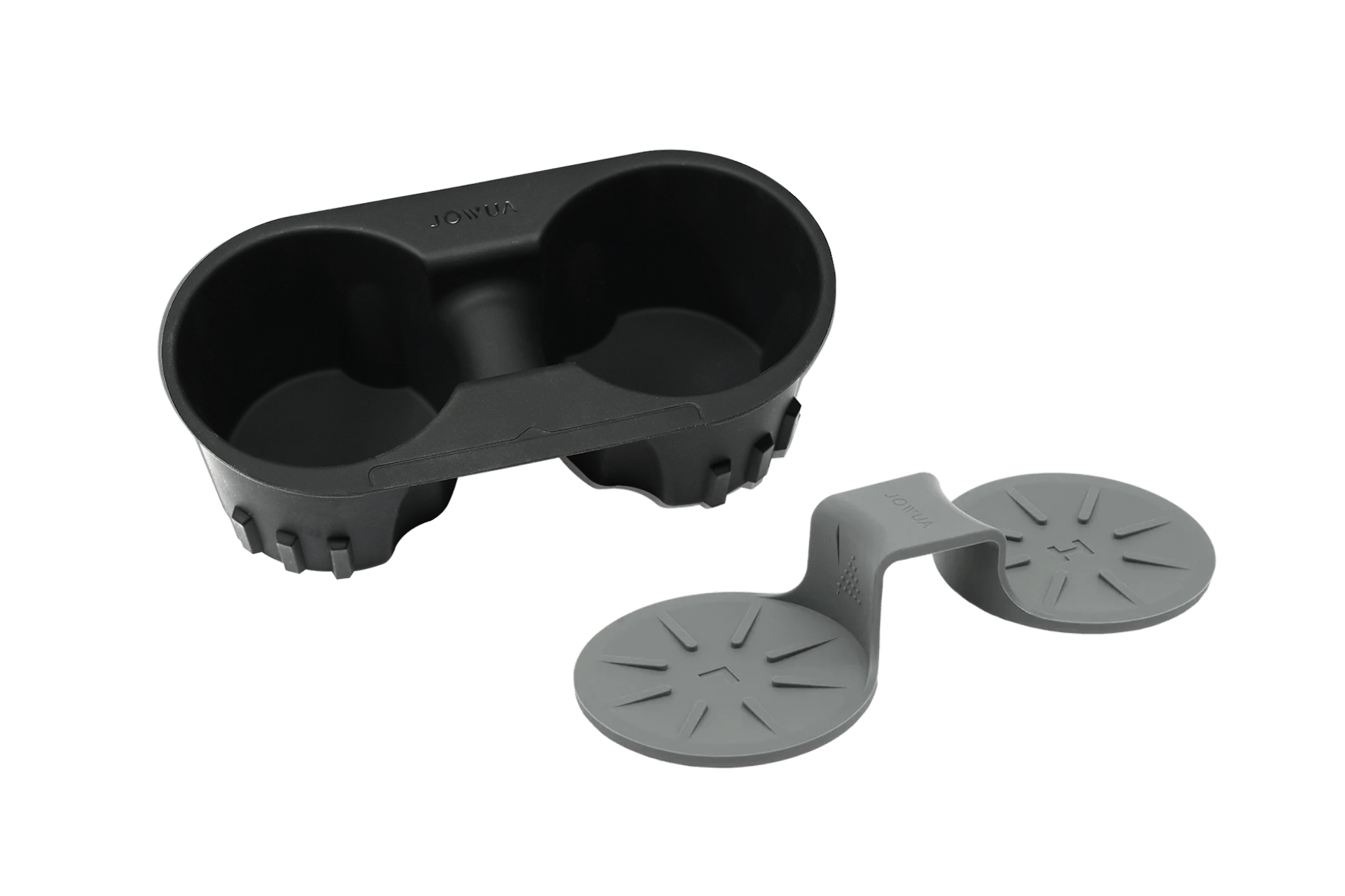 A JOWUA Cup Holder Set for Tesla Model 3/Y in black rests on a white background. The set includes a gray silicone insert, designed as a center console organizer with two connected circular sections.