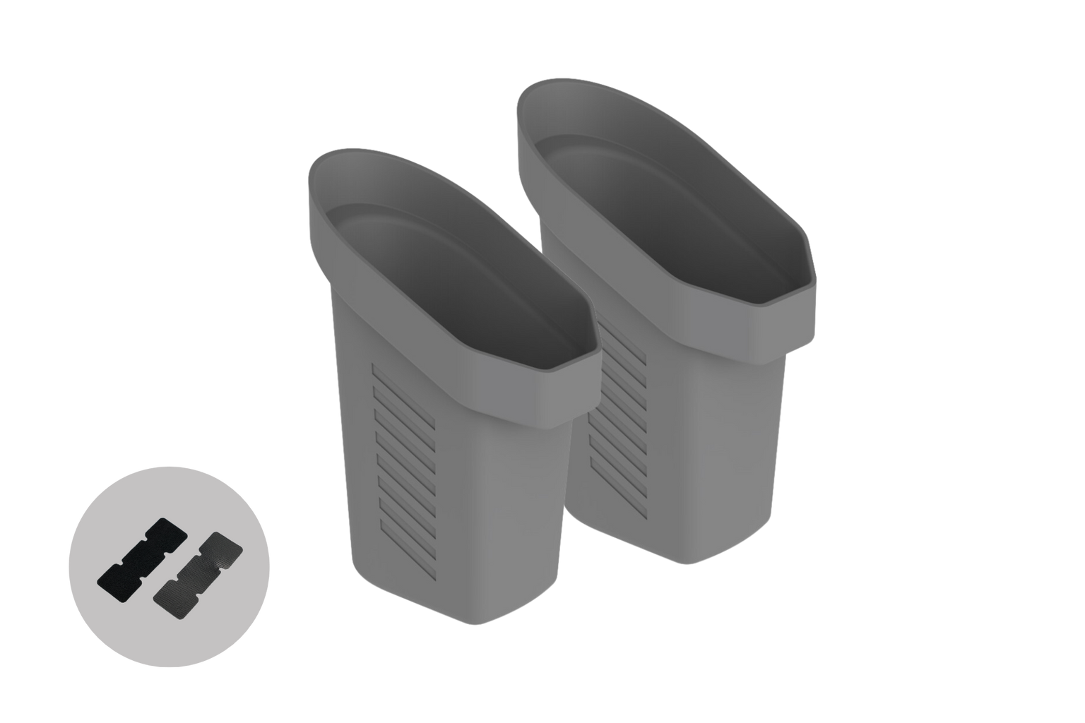 Two JOWUA Door Side Storage Boxes (set of 2) in gray plastic with grooved sides are shown at an angle. An inset highlights four black foam pads—perfect for organizing essentials or as a Tesla door side storage solution.