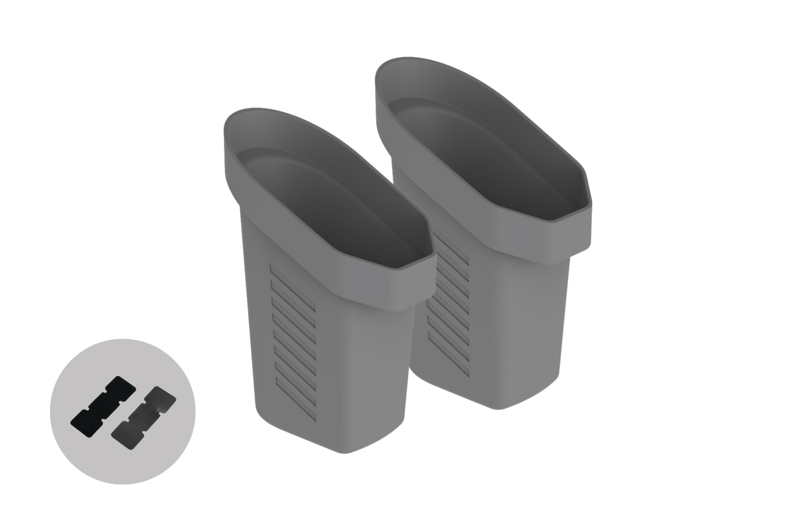 Two JOWUA Door Side Storage Boxes (set of 2) in gray plastic with grooved sides are shown at an angle. An inset highlights four black foam pads—perfect for organizing essentials or as a Tesla door side storage solution.