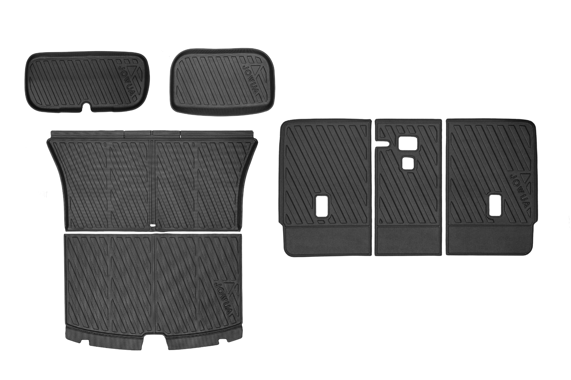 JOWUA Model Y EasyShield Waterproof Trunk Liner + Rear Seats Back Cover Bundle (Juniper 2025+/2018-2024) features black rubber mats with diagonal grooves and rectangular cutouts, precisely fitting various areas of your Tesla.