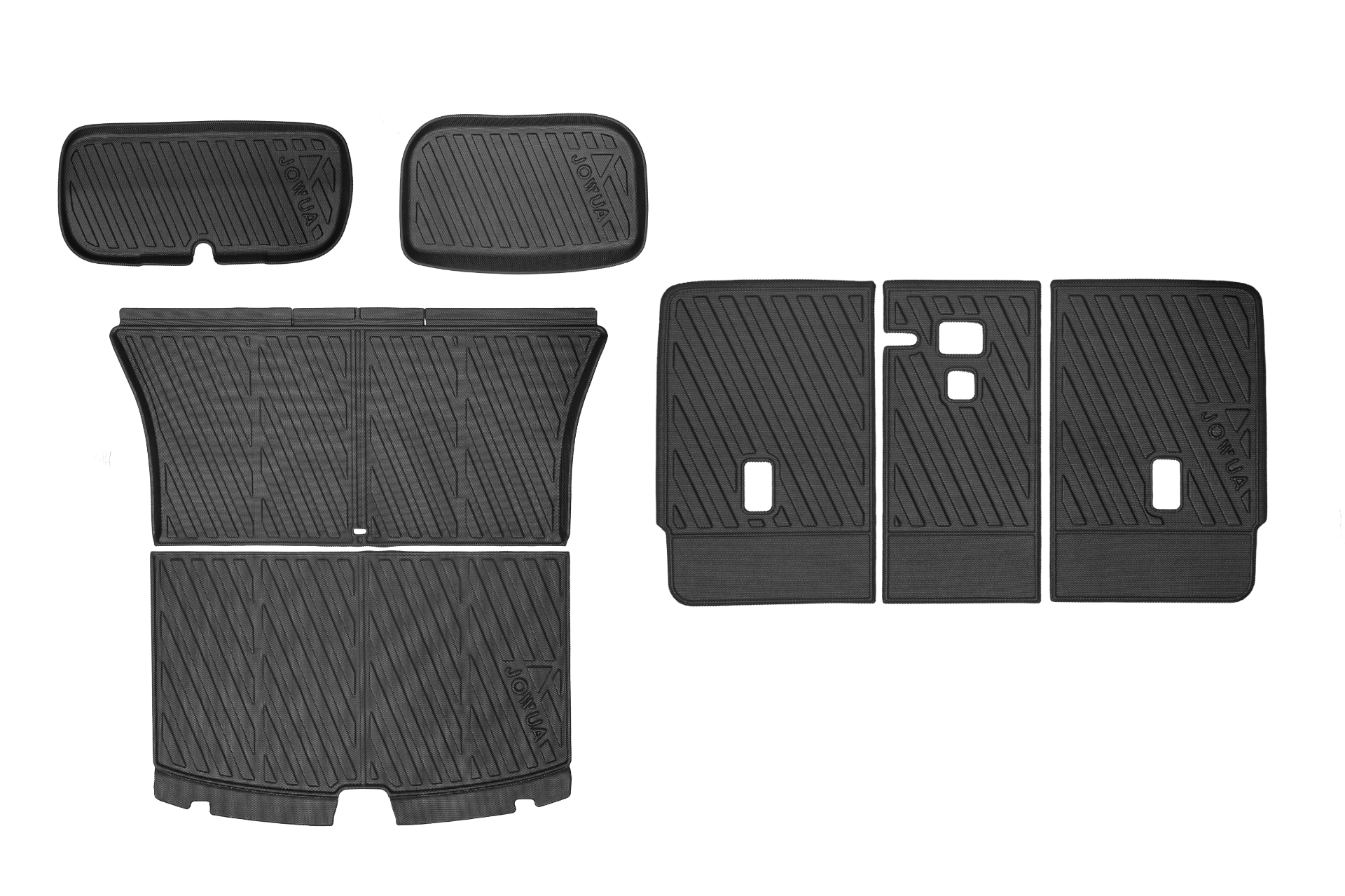 Five black rubber all-weather JOWUA car floor mats in various sizes are displayed on a white background, each with diagonal grooves and suited for Model Y Juniper (2025+), making them ideal interior upgrades for RHD vehicles.