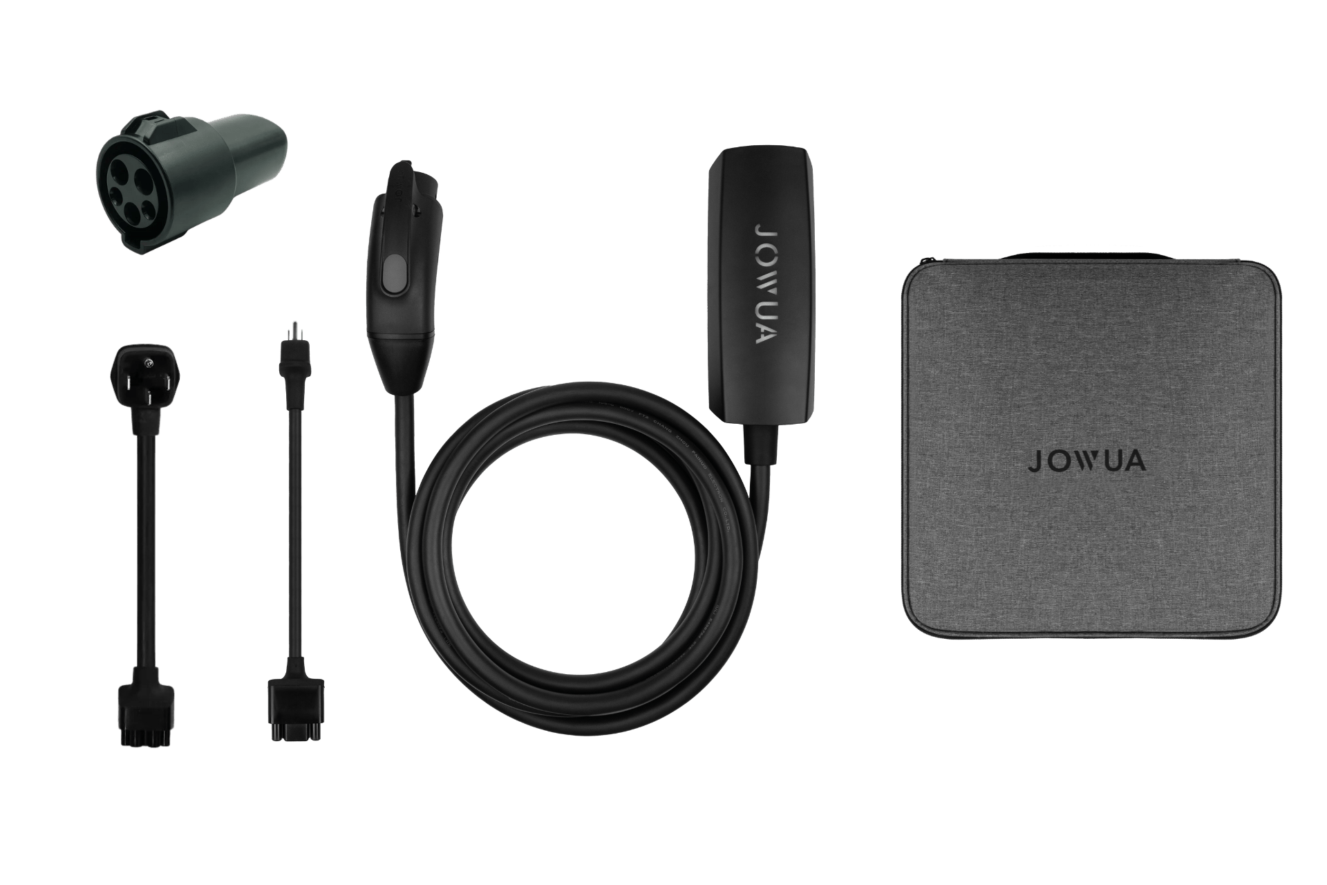 The JOWUA J1772 Mobile Connector Solution for Tesla includes a travel charging dock, control box with cable, two adapter cables, an adapter plug, and a gray "JOWUA" carrying case—all displayed on a white background.