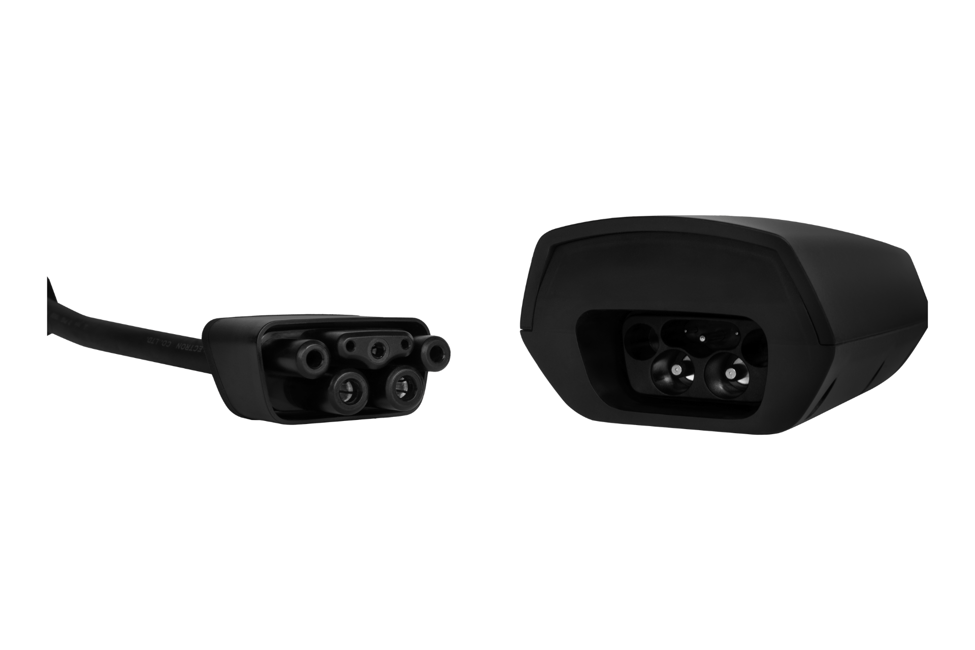 The JOWUA J1772 Mobile Connector Solution for Tesla is displayed in black alongside its matching charging port, both isolated on a white background—a sleek example of a portable EV charger.