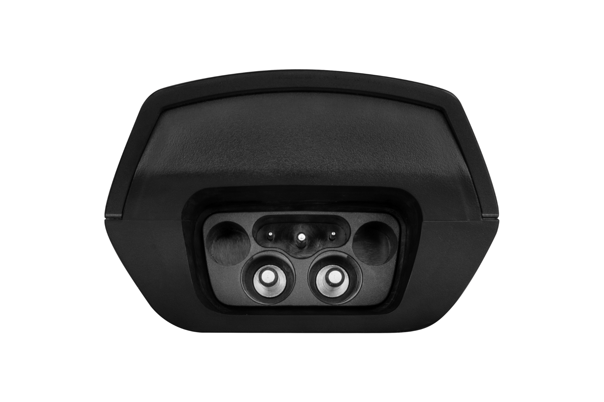Close-up of the JOWUA J1772 Mobile Connector Solution for Tesla, a black 40A charger connector with three circular prongs and two small holes inside a rectangular casing, viewed from the front.