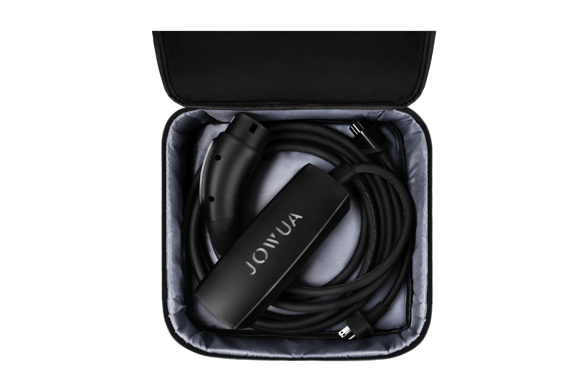 A black JOWUA charging cable, neatly coiled in a soft zippered case with a gray interior, serves as the J1772 Mobile Connector Solution for Tesla—ideal as a portable EV charger or travel charging dock.