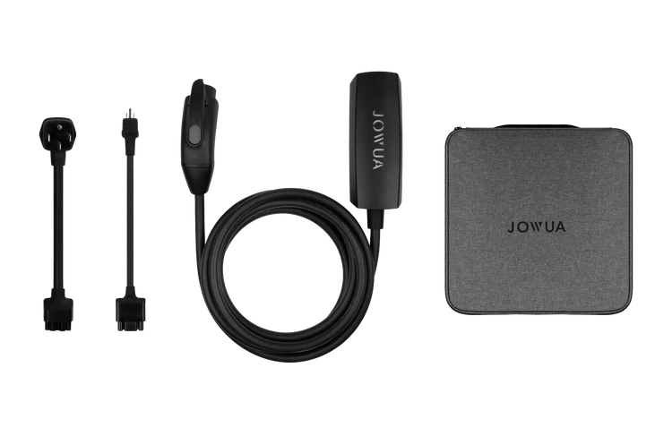 Flat lay of the JOWUA EV Mobile Connector (Type-2) - Versatile Mobile Connector kit, with a 7.6kW cable, power adapters, control box, and gray carrying case—all neatly arranged on a white background.