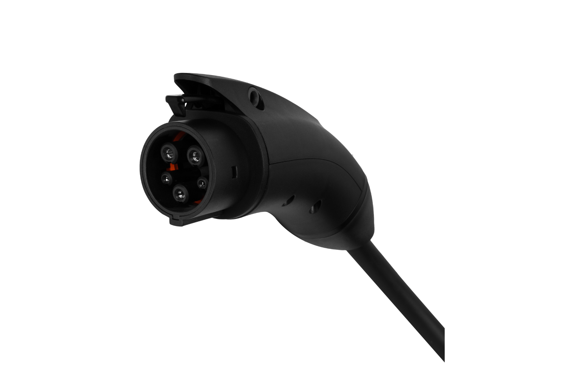 A close-up of the JOWUA J1772 Mobile Connector Solution for Tesla, showing its black travel charging dock with a round connector and four metal prongs, attached to a thick black cable, isolated on a white background.