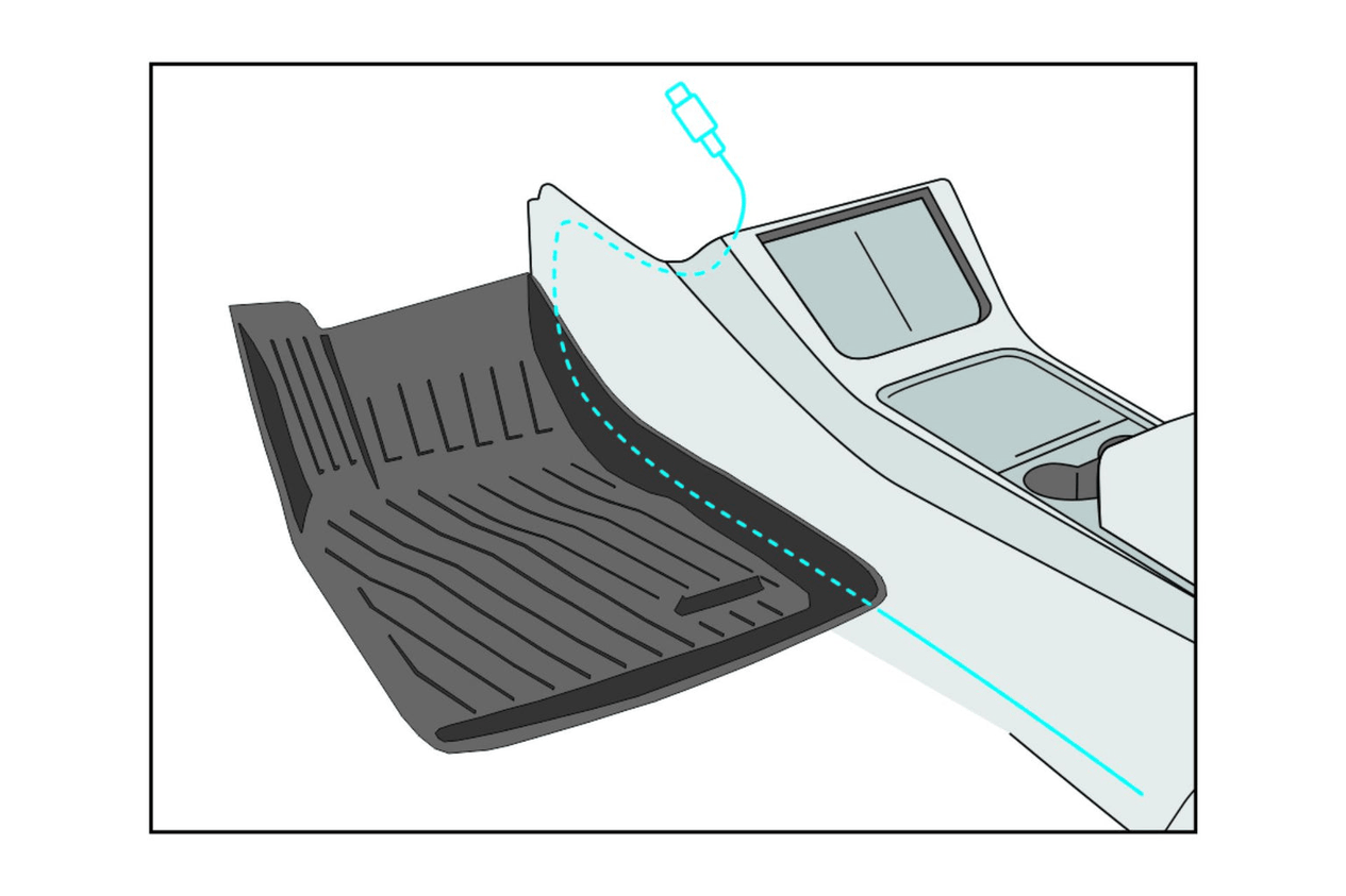 Illustration shows a JOWUA Extension Cable for Model 3 2024+, Model Y Juniper 2025+, & Cybertruck above a car’s center console. A floor mat is beneath, with a blue dashed line indicating the mat’s path.
