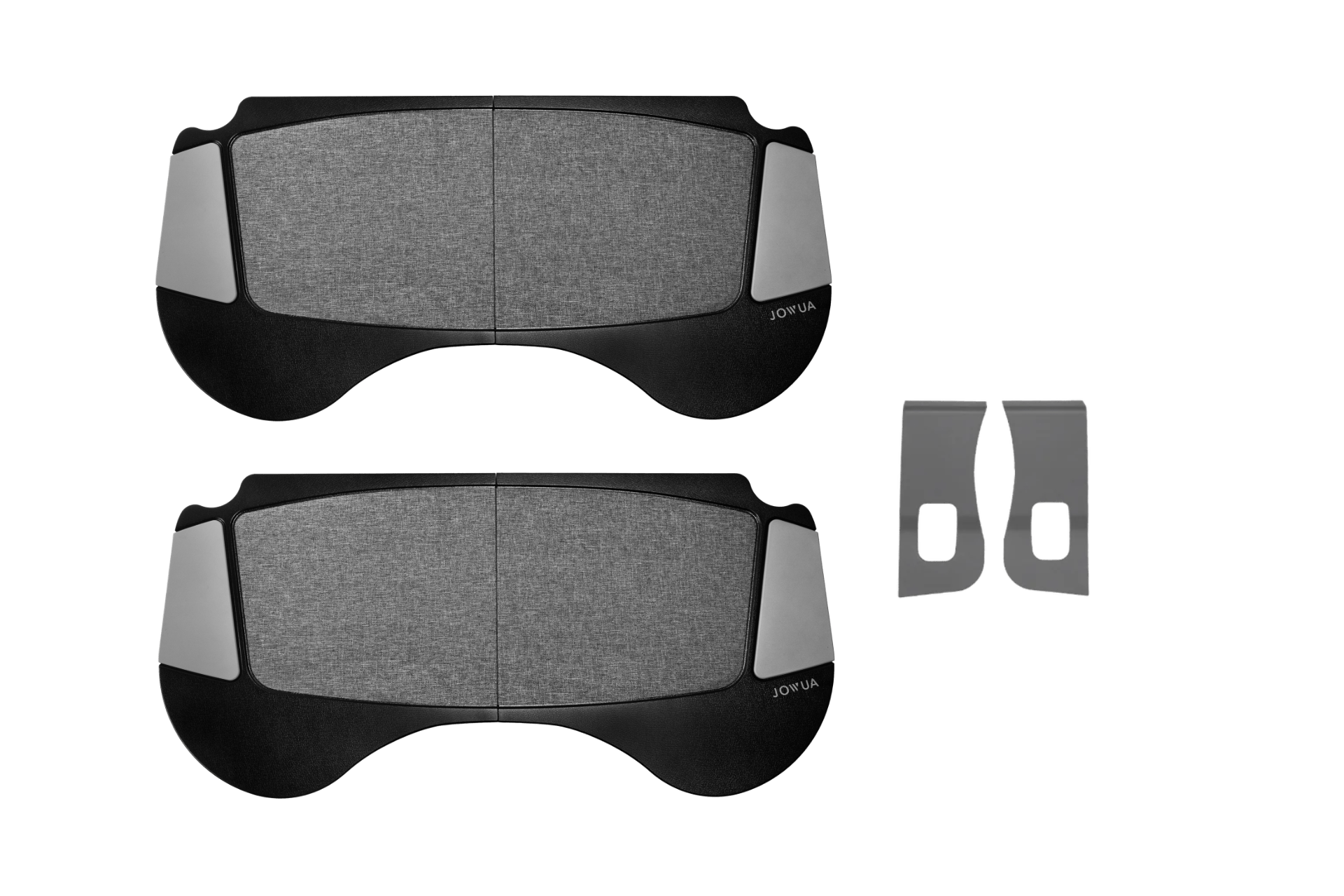 Two pairs of gray and black JOWUA car window sunshades, designed for sleek minimalism, are displayed against a white background. Accompanied by matching hook attachments for effortless installation, they pair perfectly with the Foldable Car Tray Bundle (Reengineered Model 3 Highland, 2024+) to enhance your Tesla's interior.