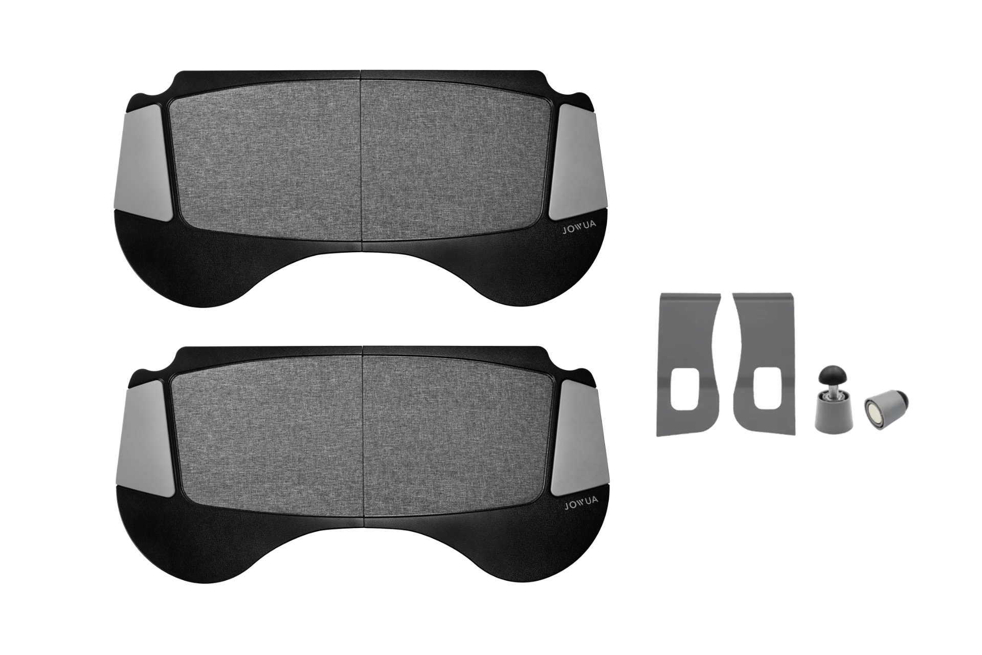 The JOWUA Foldable Car Tray Bundle includes two pairs of gray and black PU leather sunshades, two black mounting clips, and a cylindrical magnetic fastener shown on a plain background.