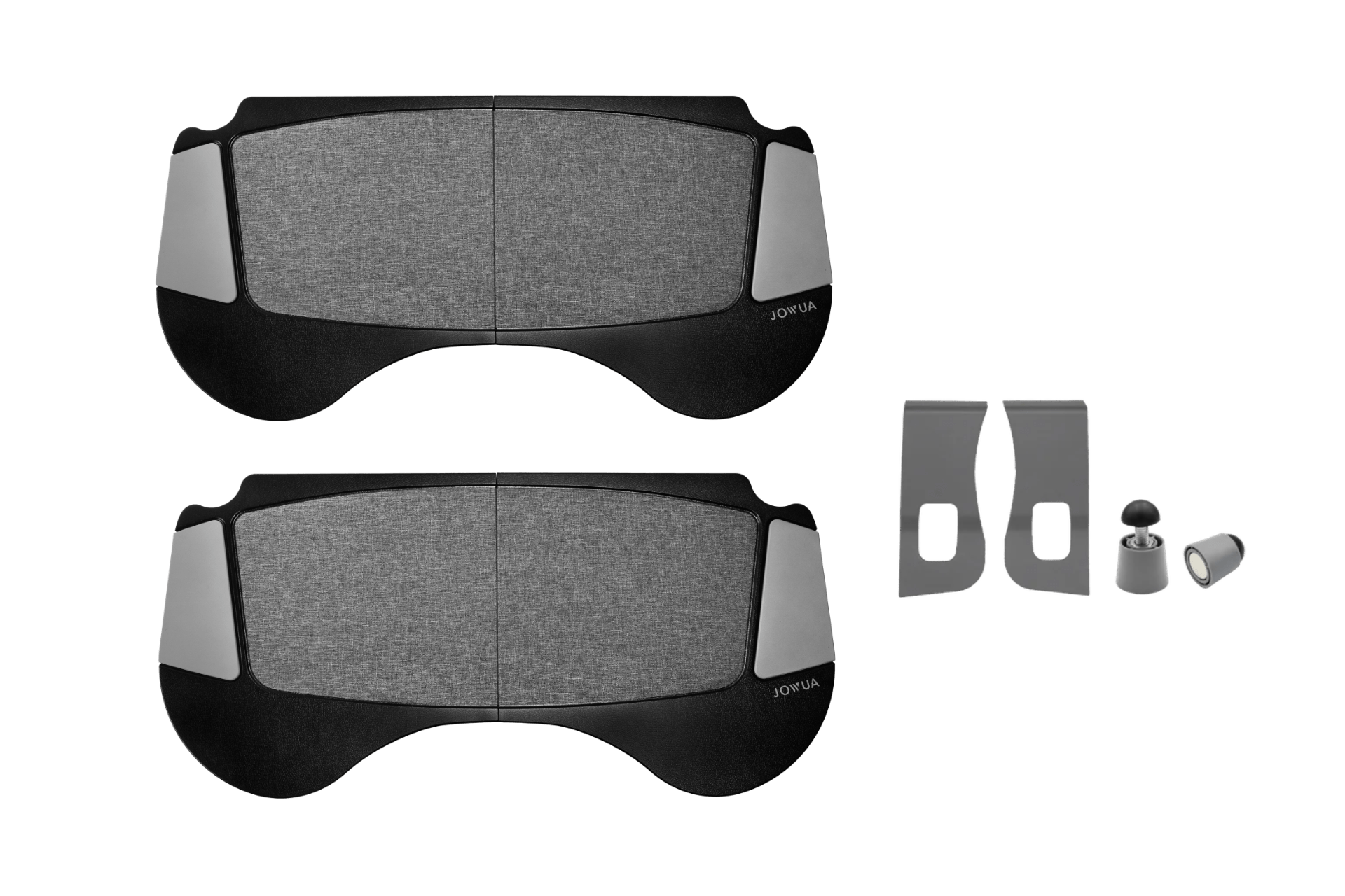 The JOWUA Foldable Car Tray Bundle includes two pairs of gray and black PU leather sunshades, two black mounting clips, and a cylindrical magnetic fastener shown on a plain background.