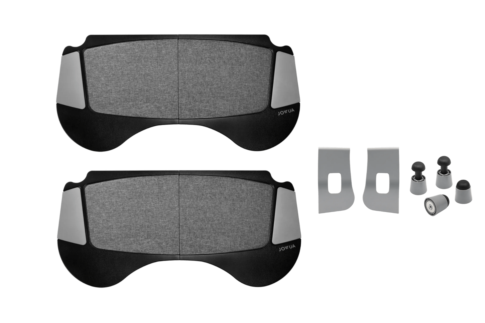 The JOWUA Foldable Car Tray Bundle includes two ergonomic PU leather wrist rests in gray and black, plus two metal clips and four rubber feet, all shown on a white background.