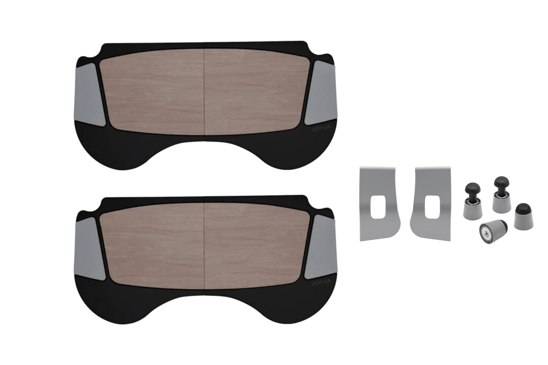 The JOWUA Foldable Car Tray Bundle includes two wooden and black PU leather pads, two metal brackets, and four hardware pieces—ideal for use as a foldable car tray in your Tesla Model S/3/X/Y.
