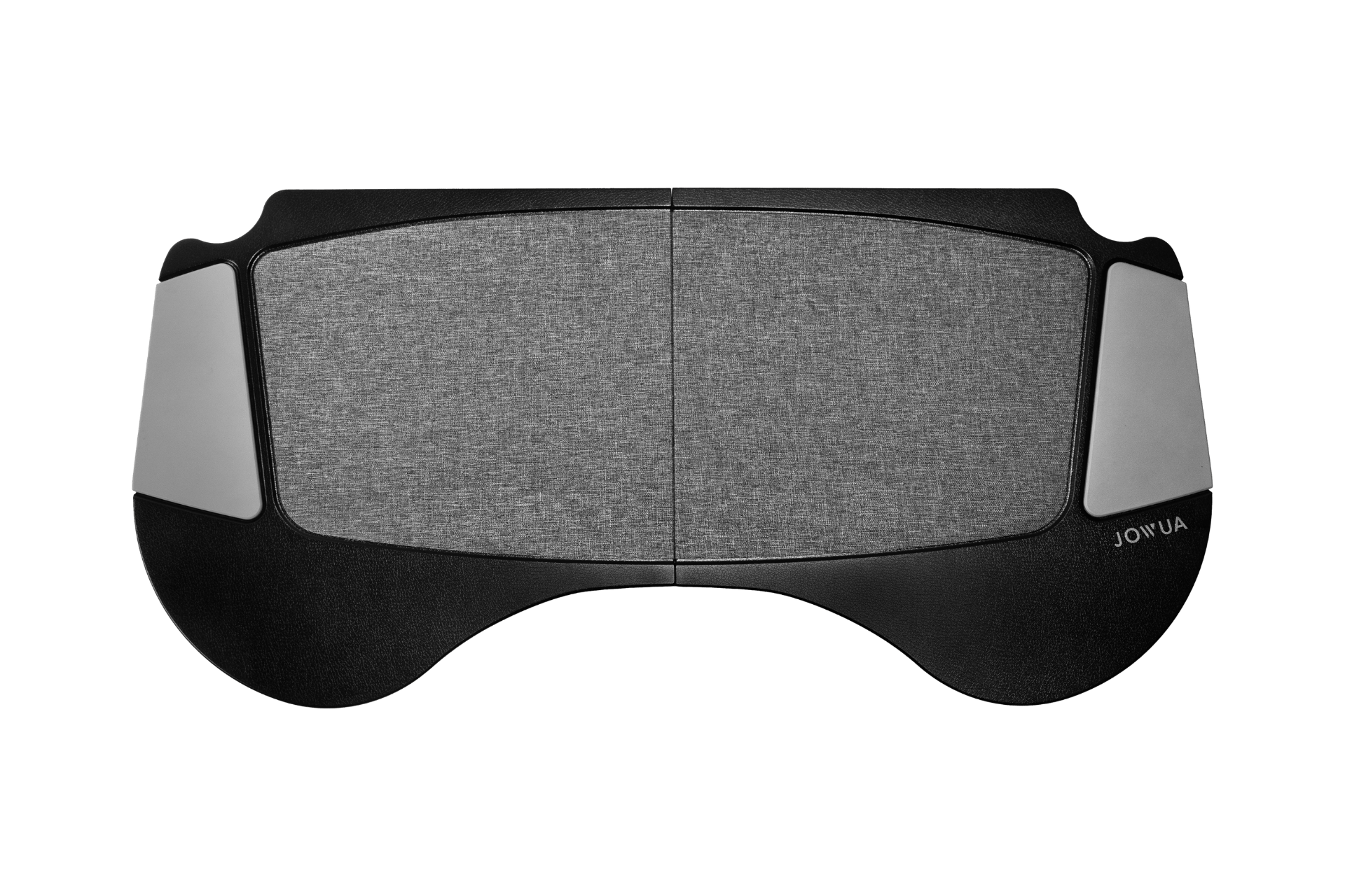 Introducing the Foldable Car Tray for Tesla by JOWUA, featuring a curved, black and gray design with a keyboard tray extension. Crafted from premium materials, its textured surface offers a modern aesthetic reminiscent of sleek Tesla Model S/3/X/Y accessories. Subtle branding is elegantly displayed in one corner.