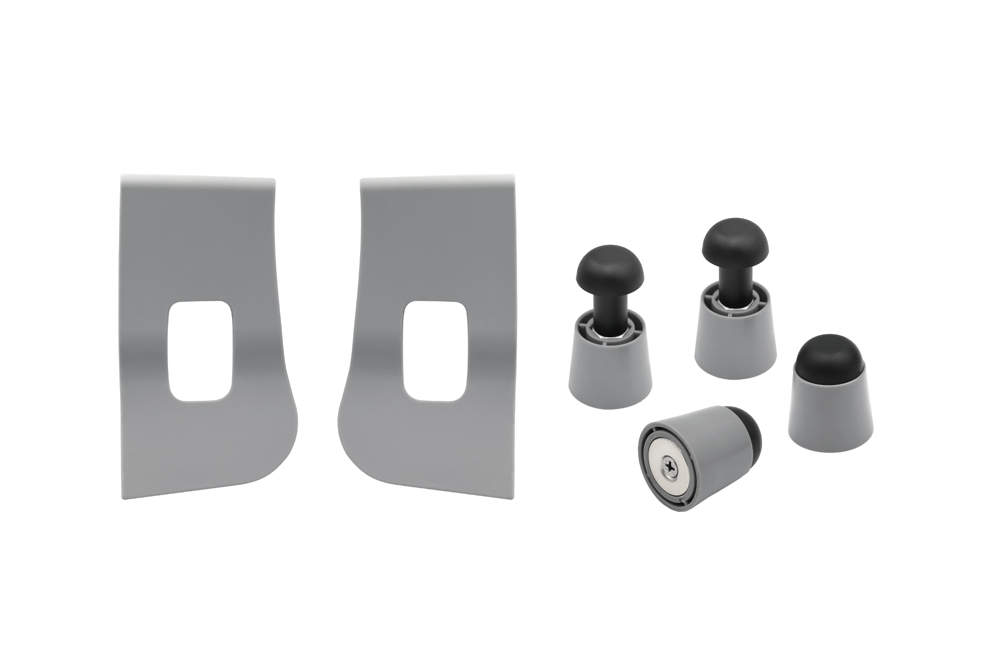 Included are two gray metal brackets with square cutouts, three small gray and black rubber stoppers, one black and silver cylindrical piece, and one gray cone-shaped piece for the JOWUA Foldable Car Tray for Tesla, displayed on a white background.