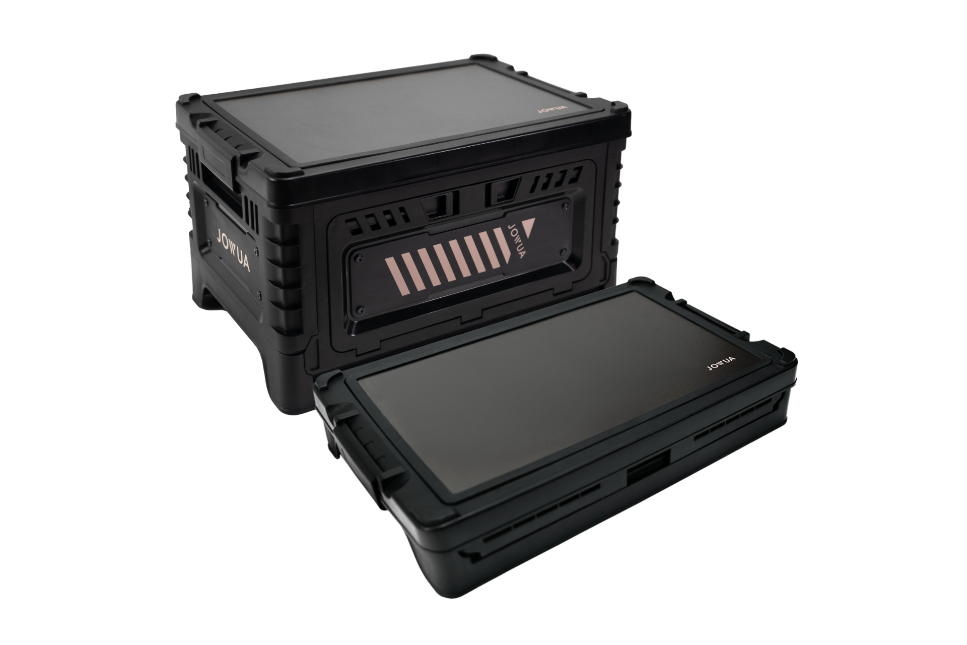 Two black, rectangular JOWUA 30L Stackable Storage Boxes with secure lids serve as trunk organizers for Teslas. Featuring a modern, durable design and visible ventilation panels, one box stands upright while the other lies flat in front.