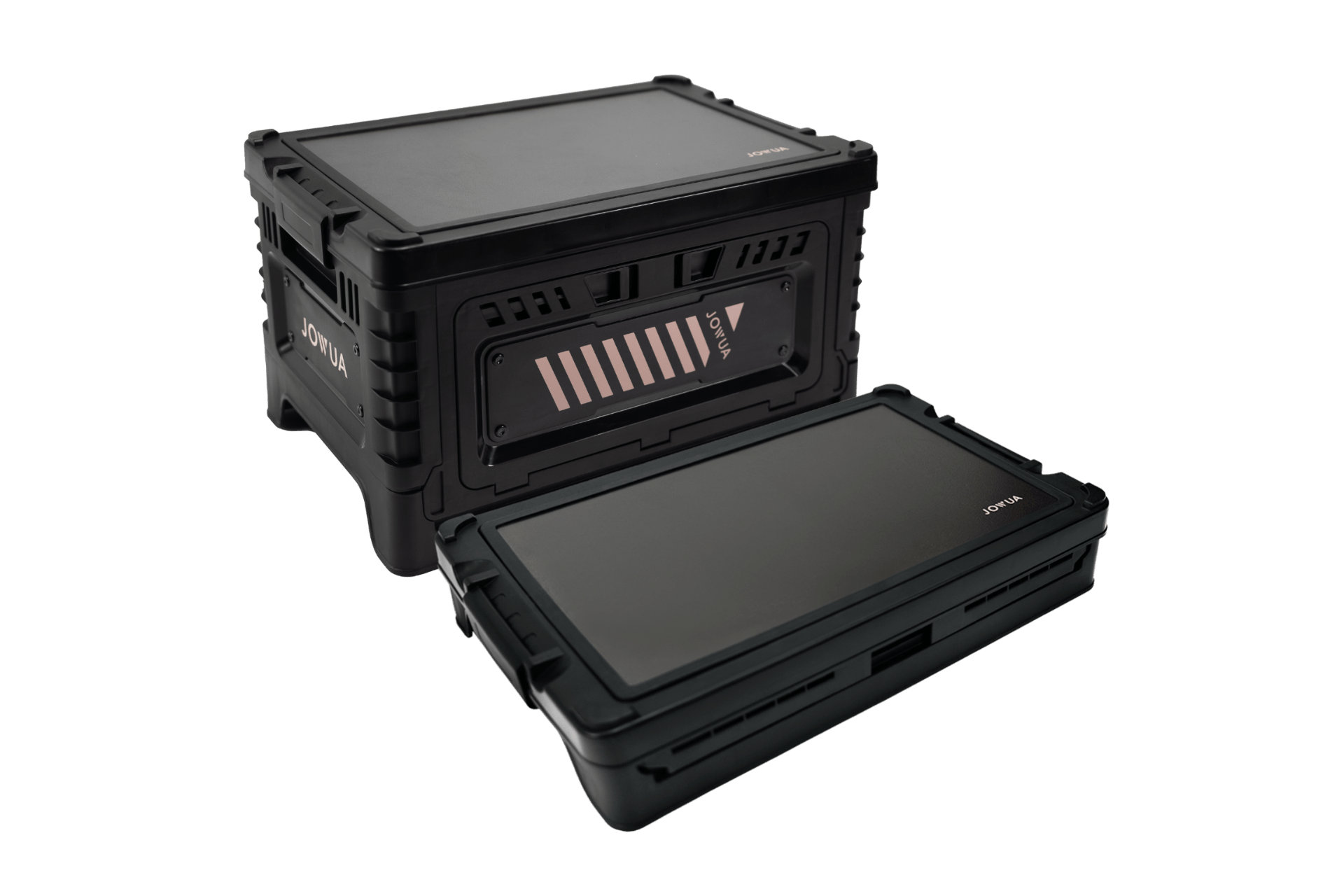 Two black, rectangular JOWUA 30L Stackable Storage Boxes with secure lids serve as trunk organizers for Teslas. Featuring a modern, durable design and visible ventilation panels, one box stands upright while the other lies flat in front.