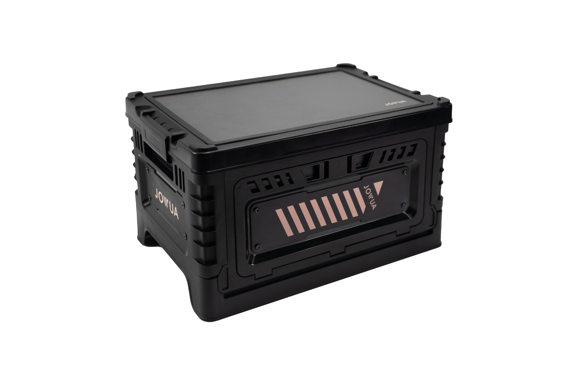 The JOWUA 30L Stackable Storage Box and Trunk Organizer for Teslas is a black rectangular container with reinforced corners, side handles, and a diagonal pink-striped "SOLUNA" panel—ideal for car interior tool storage or stacking.