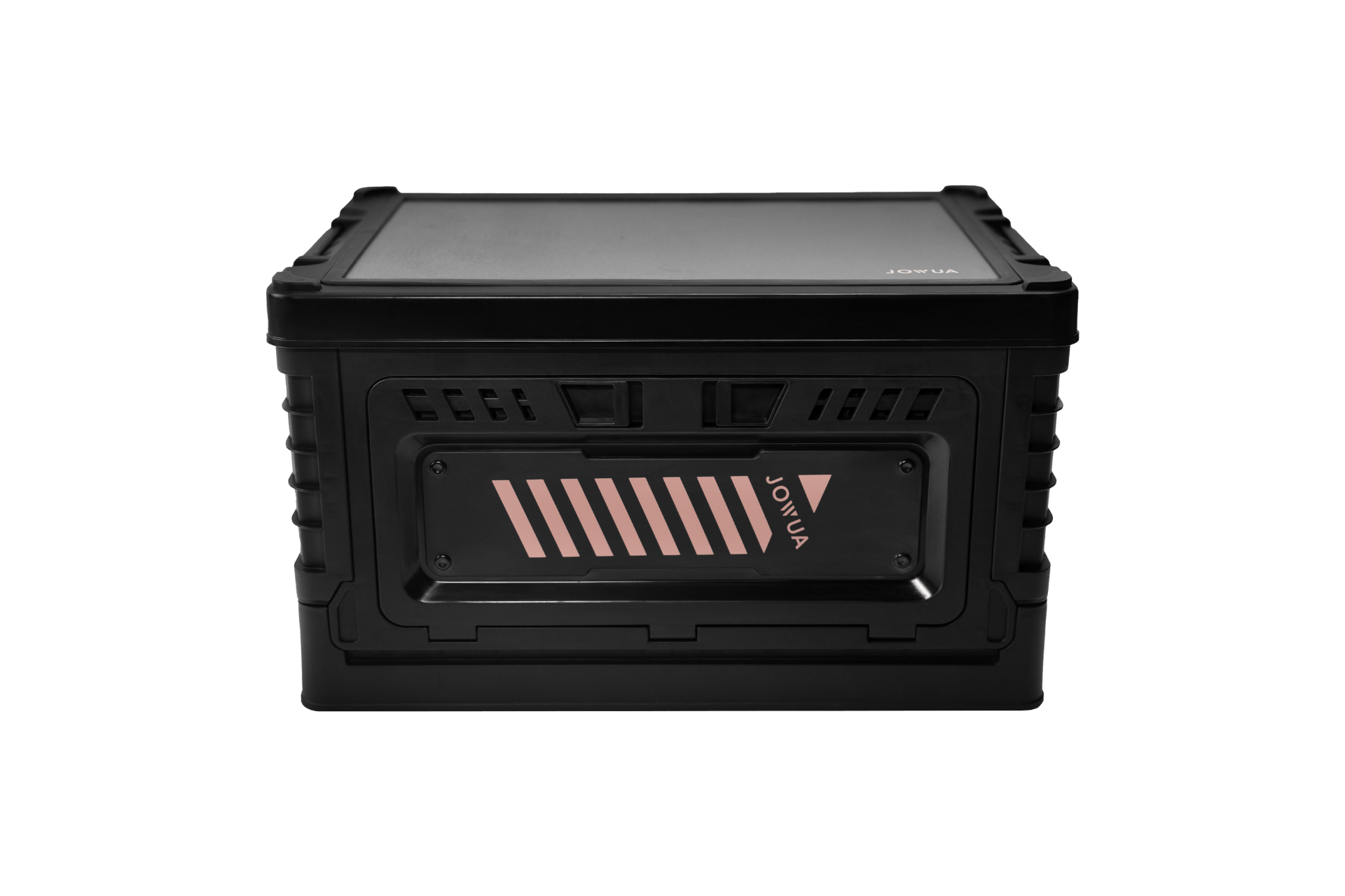 The JOWUA 30L Stackable Storage Box and Trunk Organizer for Teslas features a black rectangular design, secure lid, side handles, "JOWUA" branding with pink diagonal stripes—perfect for organizing car interior tools.