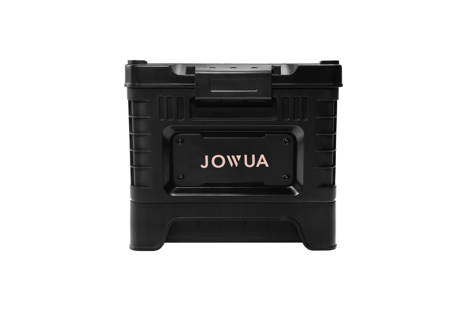 The JOWUA 30L Stackable Storage Box and Trunk Organizer for Teslas, in black with a handle and gold "JOWUA" branding on the front, is displayed against a plain white background.