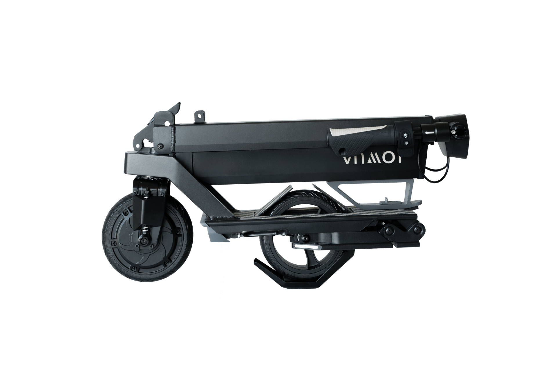 A black JOWUA Folding Electric Scooter|Performance folds compactly, displaying its wheels, frame, and handlebars against a white background. The modern design and JOWUA branding promise a luxurious ride on every journey.
