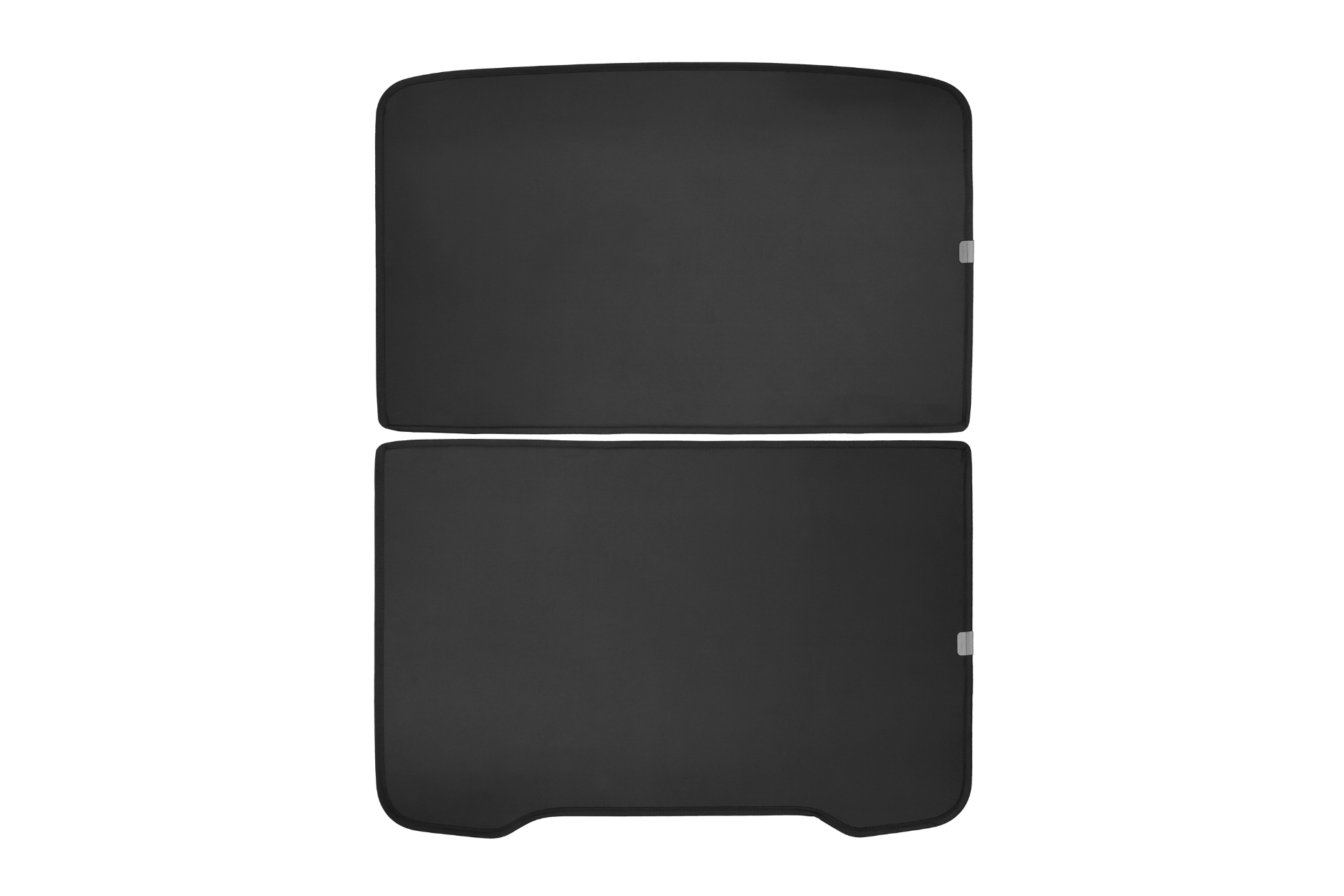 Two rectangular, black panels with rounded edges are shown on a white background. The lower one—a JOWUA all-weather liner—features two subtle cutouts. Designed for the Jowua All-in-One Interior Upgrade Set (RHD) for Model Y Juniper (2025+).