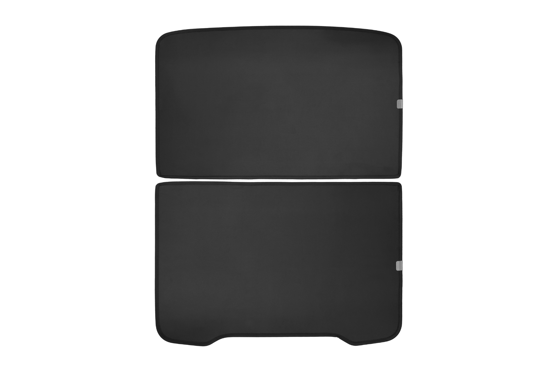 Two rectangular, black panels with rounded edges are shown on a white background. The lower one—a JOWUA all-weather liner—features two subtle cutouts. Designed for the Jowua All-in-One Interior Upgrade Set (RHD) for Model Y Juniper (2025+).
