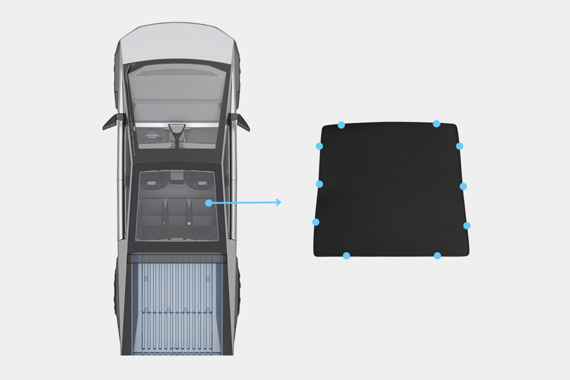 Top view of a pickup truck with an arrow pointing from its bed to the JOWUA Cybertruck Glass Roof Sunshade, shown as a black mesh fabric with blue dots along the edges, indicating it fits the truck bed and provides UV protection.