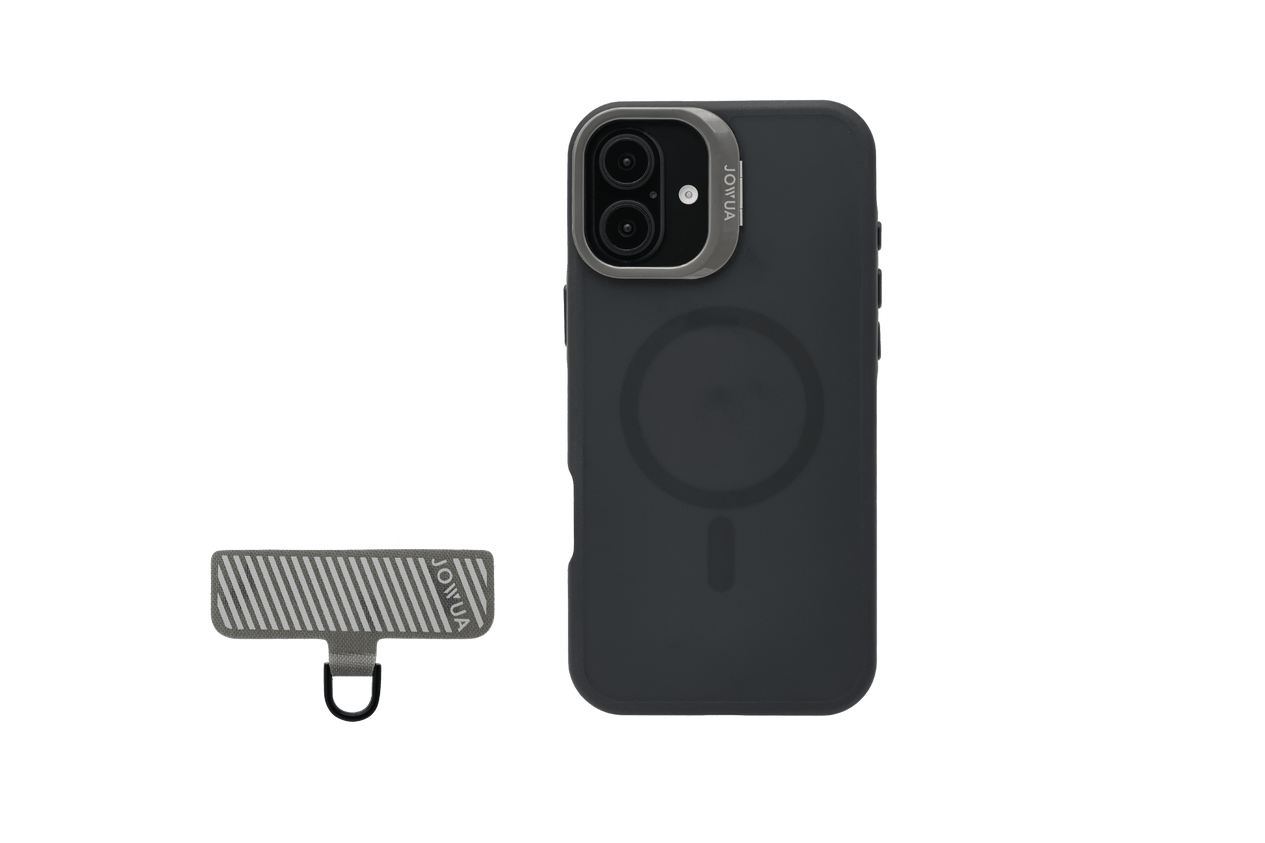 A JOWUA iPhone 16 Series Case for Tesla Car Mount with MagSafe and Phone Tether Tab, featuring a sleek black design, dual camera cutout, and circular MagSafe ring, sits beside a striped metallic JOWUA accessory.