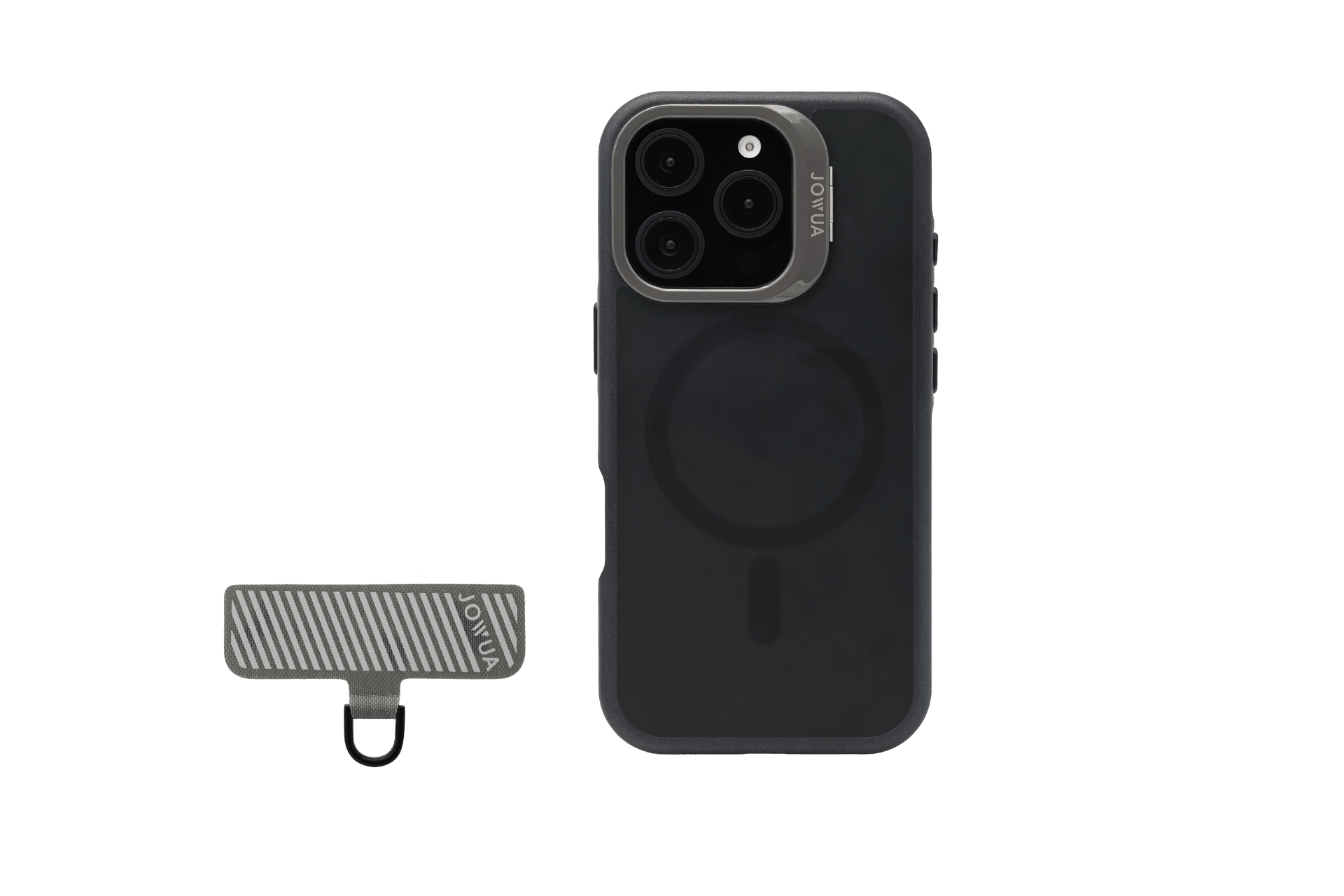 A black iPhone 16 in a JOWUA MagSafe Case for Tesla Car Mount stands upright, with a small striped metallic JOWUA Phone Tether Tab beside it.