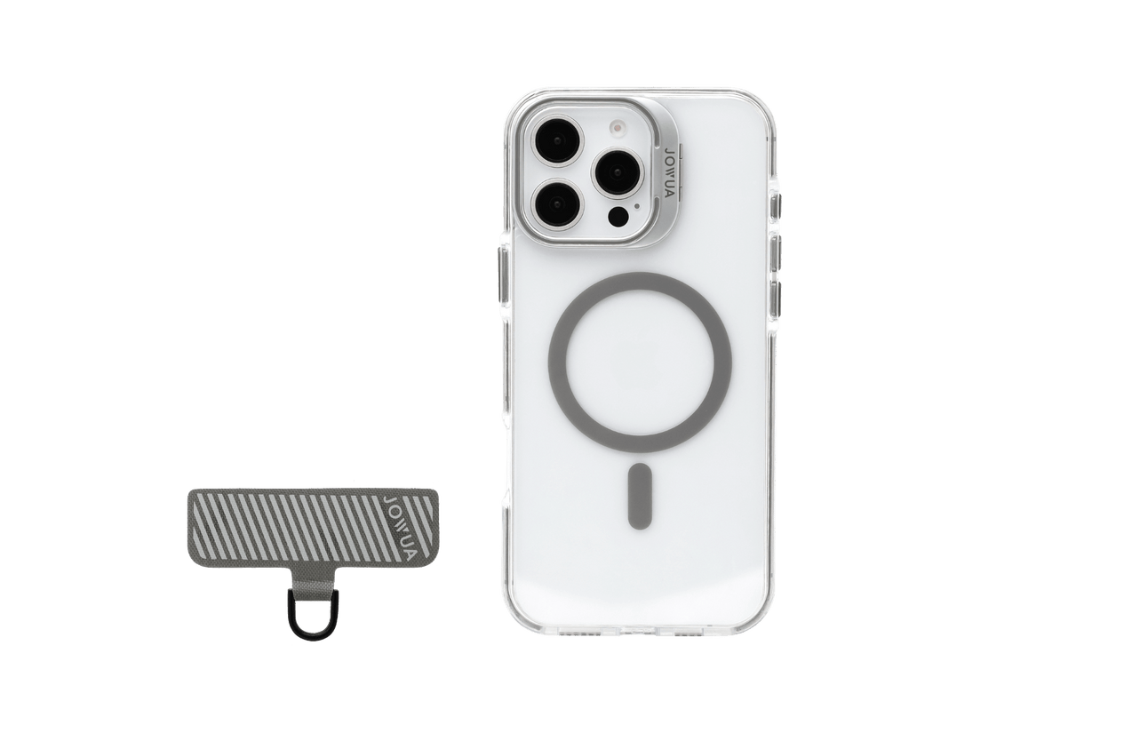 The JOWUA iPhone Case for Tesla Car Mount with MagSafe (iPhone 16 Series) offers drop-proof protection, shown next to a rectangular gray Phone Tether Tab with a striped pattern and bottom loop.