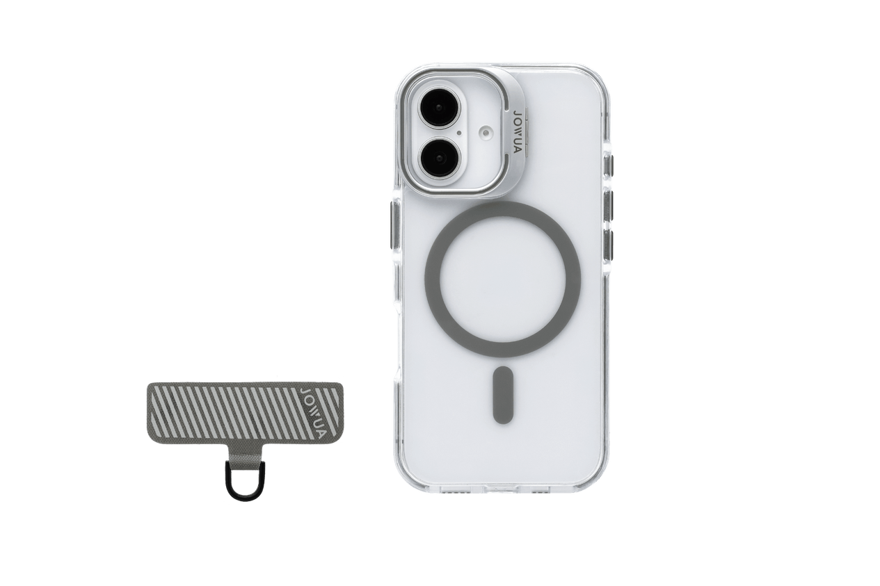 A JOWUA iPhone Case for Tesla Car Mount with MagSafe + Phone Tether Tab Set (iPhone 16 Series) is shown clear with a gray MagSafe ring and a striped tether tab labeled "Joya," placed on a white background.