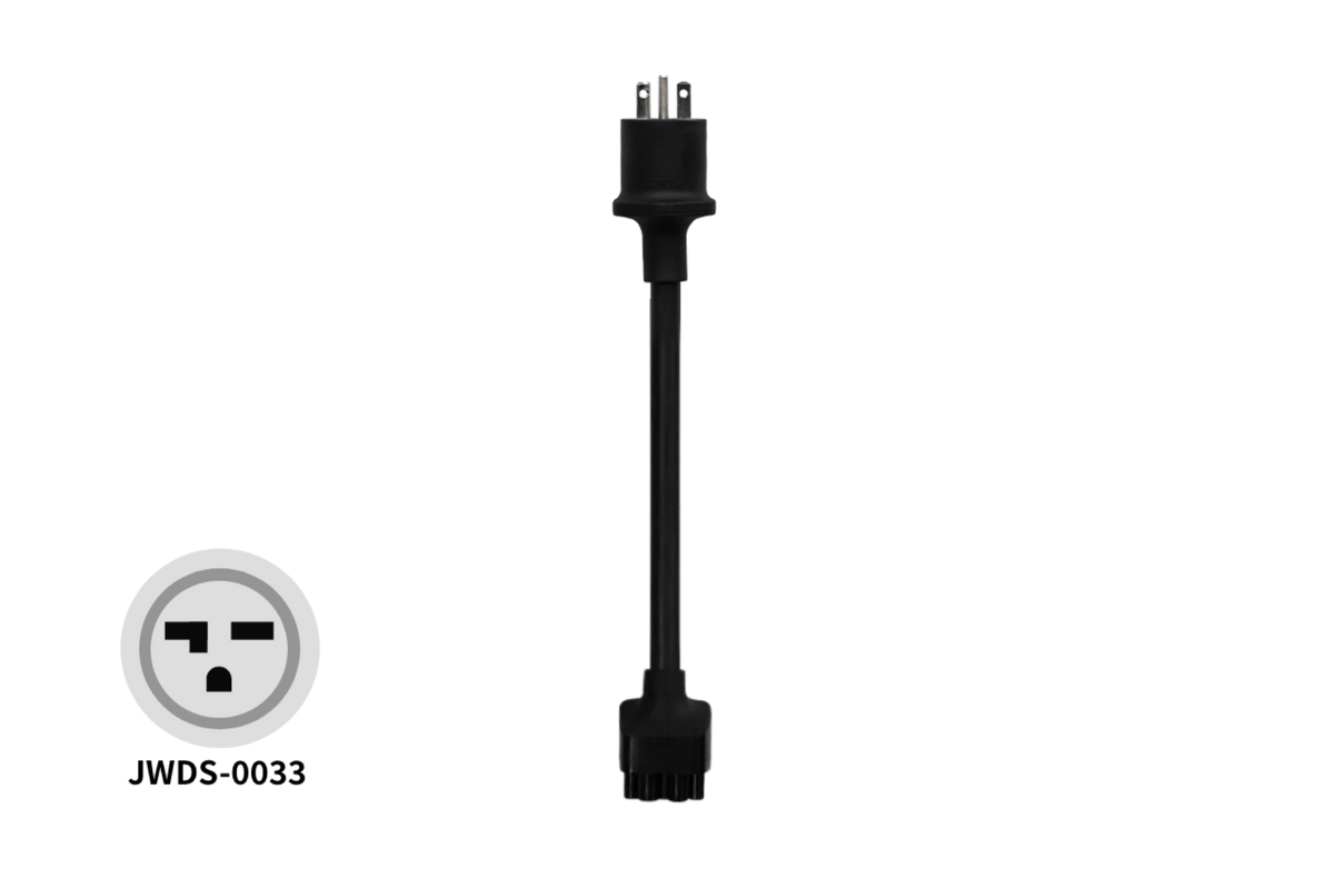 Black JOWUA JWDS-0033アダプター Tesla mobile connector adapter cable with a three-prong plug at one end and a multi-pin connector at the other, shown next to an icon of the matching outlet.