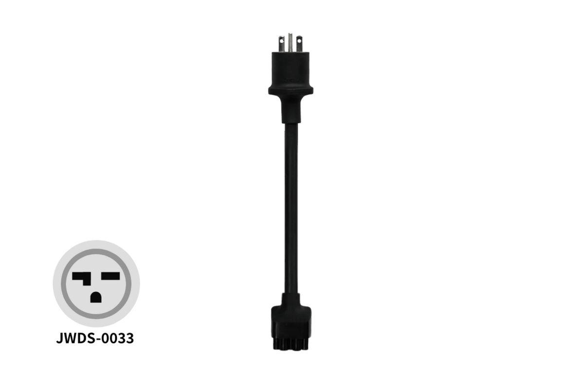 Black JOWUA JWDS-0033アダプター Tesla mobile connector adapter cable with a three-prong plug at one end and a multi-pin connector at the other, shown next to an icon of the matching outlet.