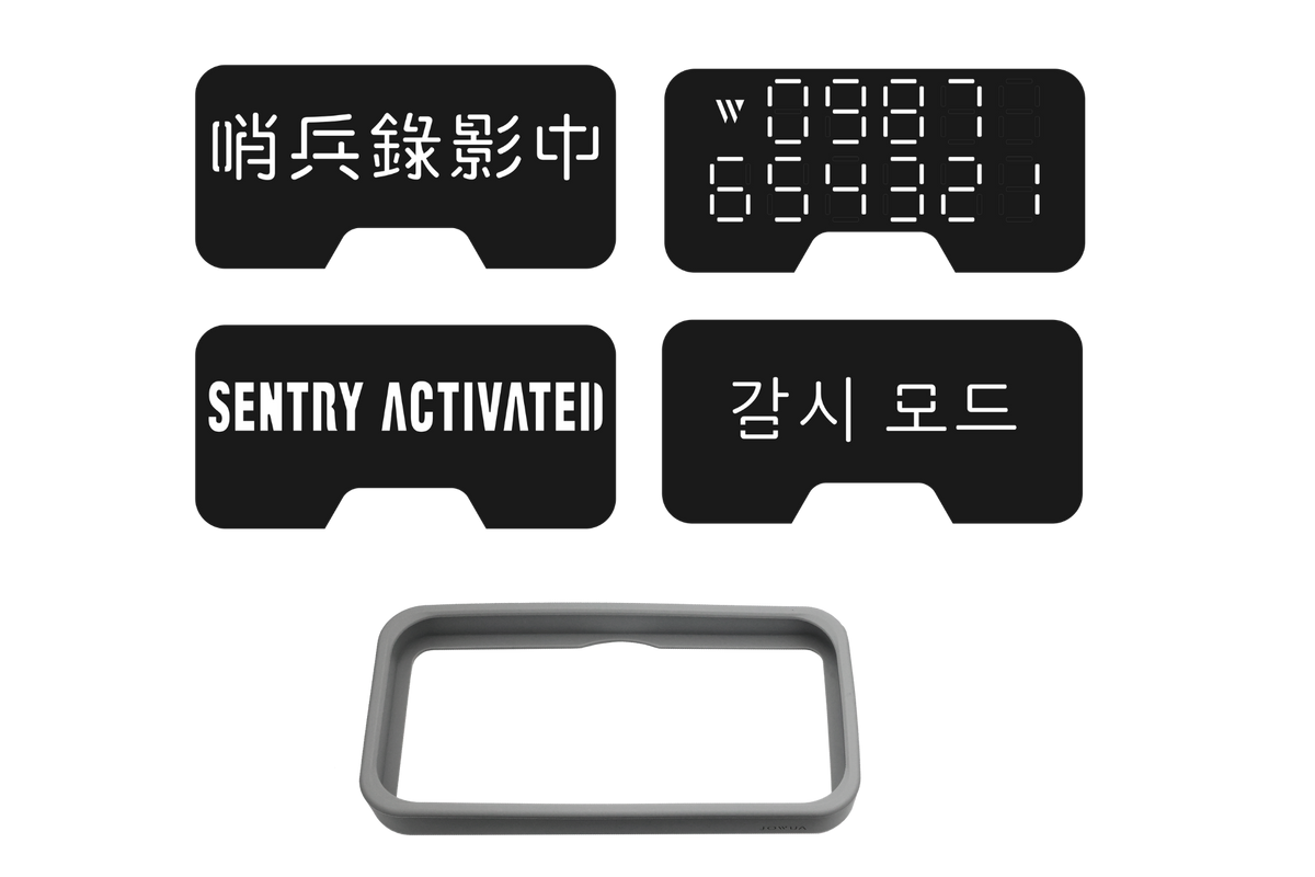 Four black display covers from the JOWUA MagSafe LED Light with Light Stencil Set, each featuring different languages and numbers such as “SENTRY ACTIVATED” and related phrases, are shown above a gray rectangular frame designed for MagSafe LED Light or wireless charging accessories—all set against a white background.
